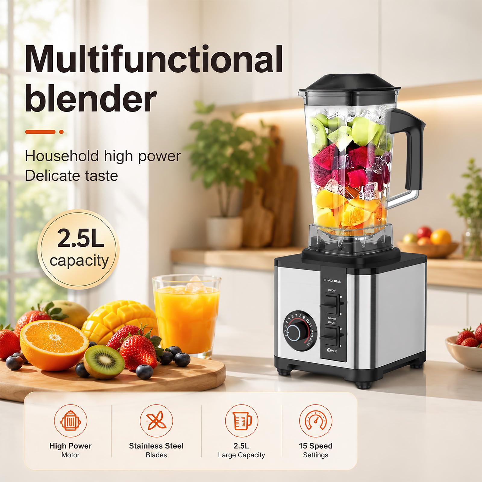 Frullatore multifunzione, frullatore per succhi e frullati 2 in 1, 15 velocità, 2 caraffe (2,5 l + 0,5 l), lame in acciaio inox, trita rapidamente ghiaccio e frutta congelata (2 in 1 B)