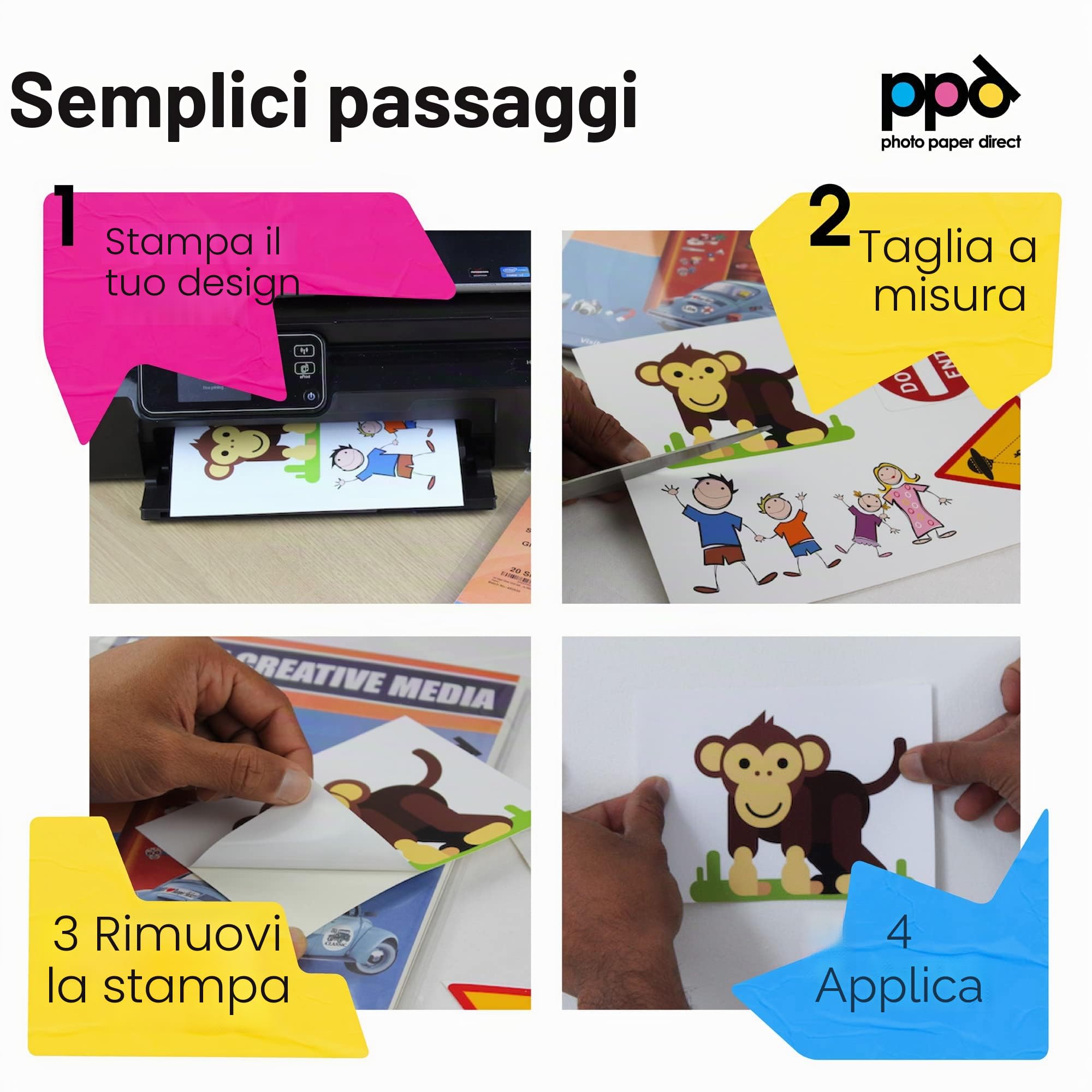 PPD Mix 40 Fogli A4 Carta Vinile Adesiva Per Stampanti Inkjet - Sticker Bianco - PPD-36/38-40