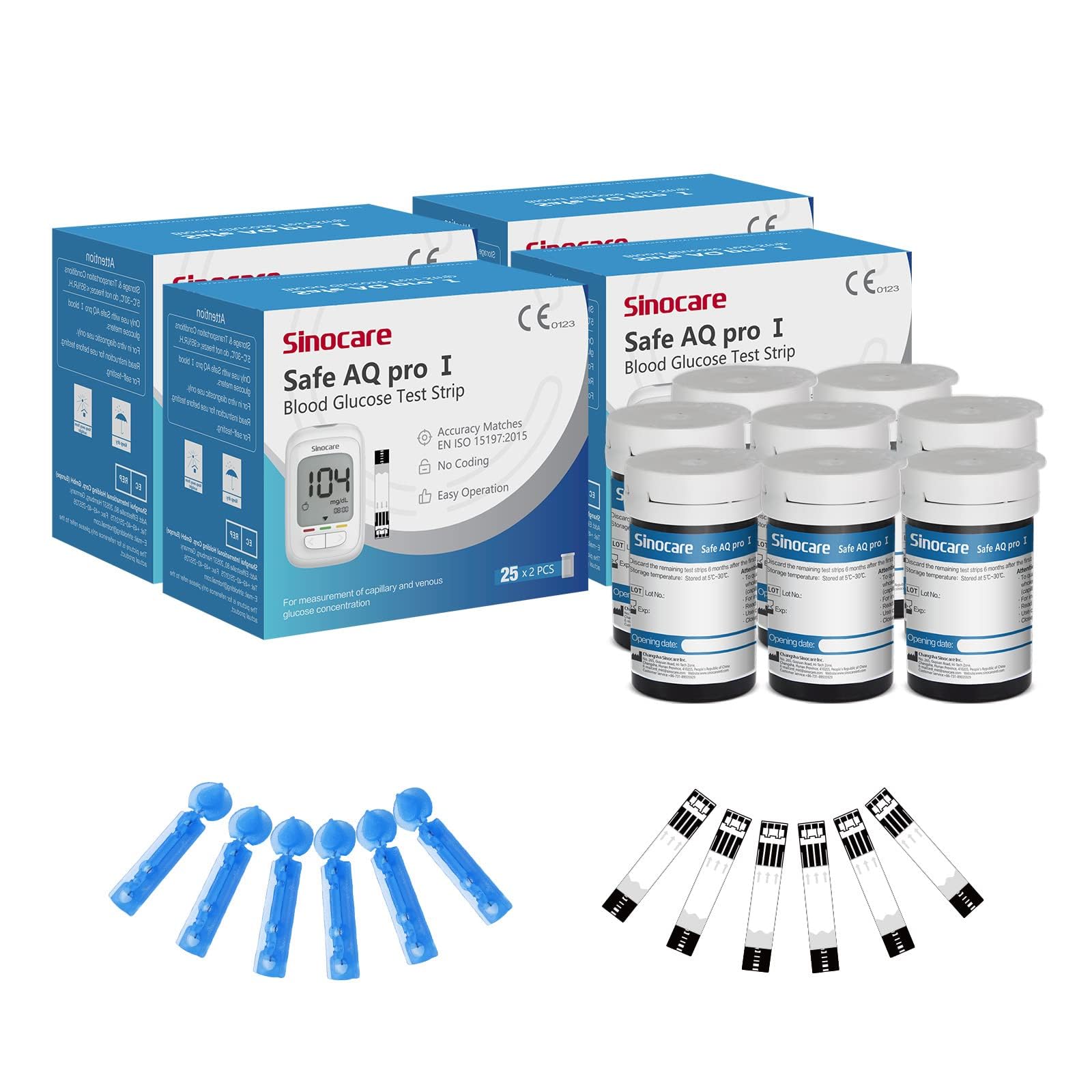Sinocare Tiras Safe AQ pro Ⅰ Sangre, 200 x Tiras Reactivas Medidor Glucosa, Sólo para Safe AQ pro Ⅰ Certificado ClimatePartner