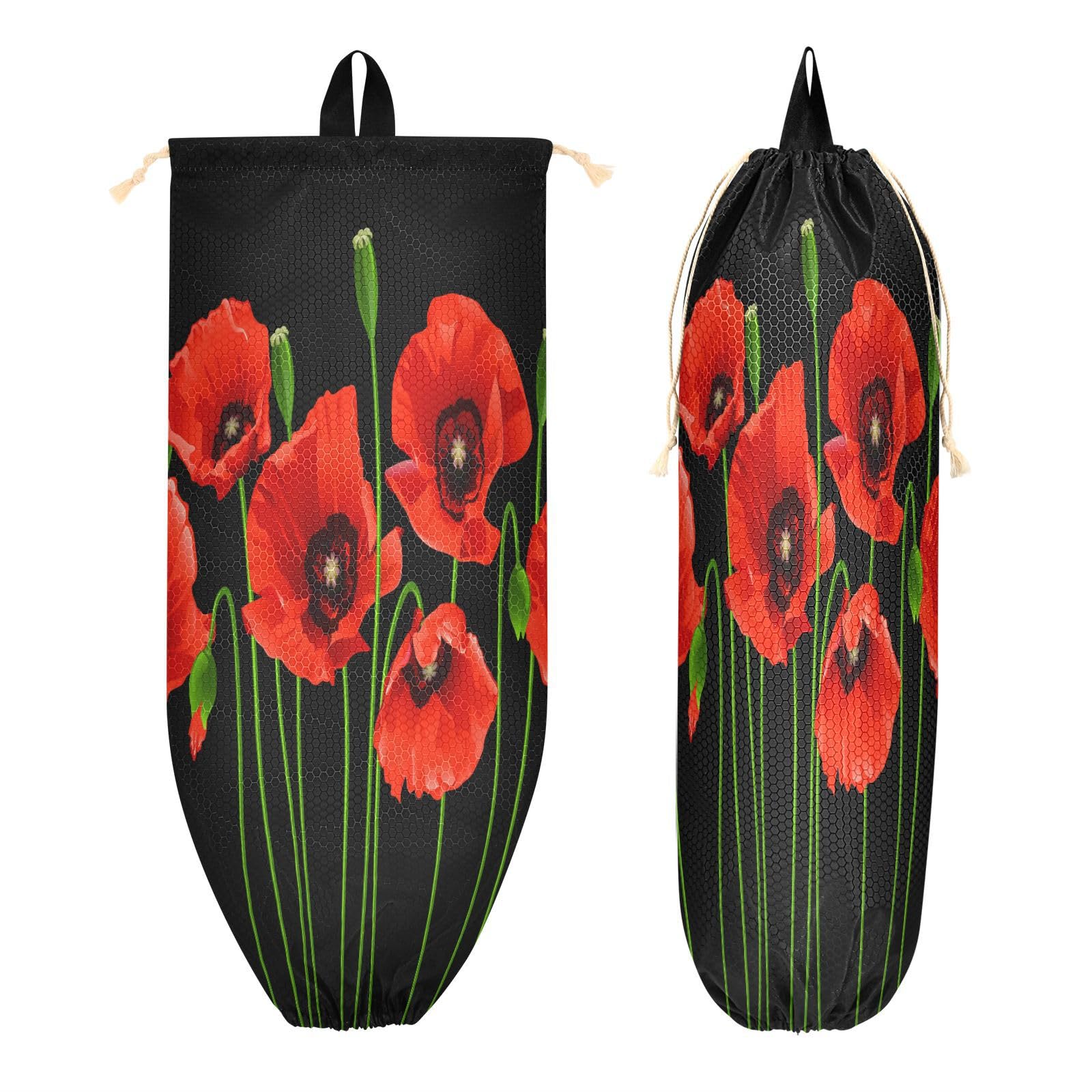Porta sacchetti di plastica da appendere con bellissimi fiori di papavero per la spesa, organizer da cucina con papaveri rossi, sacchetti di plastica per la spazzatura e la spesa, per la decorazione