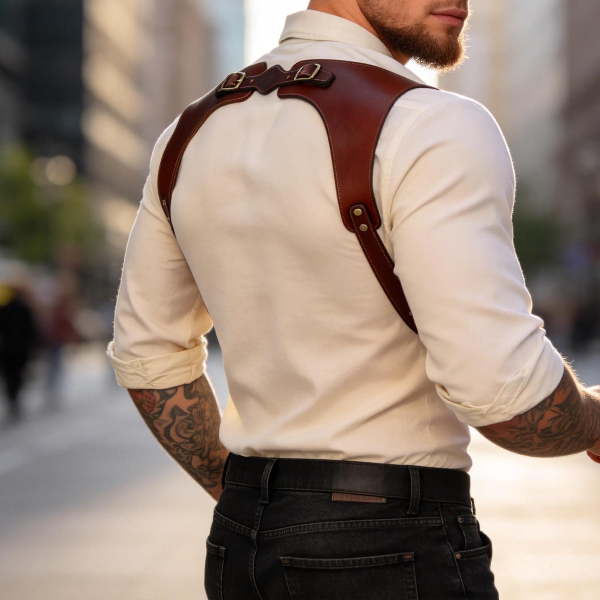 TOURBON Bretelles en cuir véritable avec vis Chicago Harnais de soutien dorsal réglable pour homme