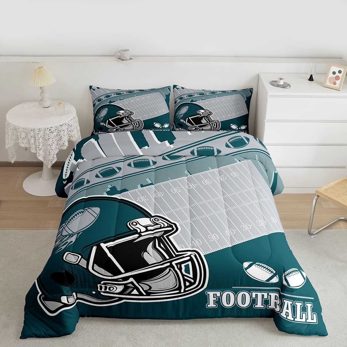 Erosebridal Football City Comforter Set Queen Rugby Football Fans Bedding Set Gifts for Kids Girls Boys Teen Bedroom Decor,Sports Rugby Gaming Bedding Green Grey Quilt,3 Pcs - Image 2
