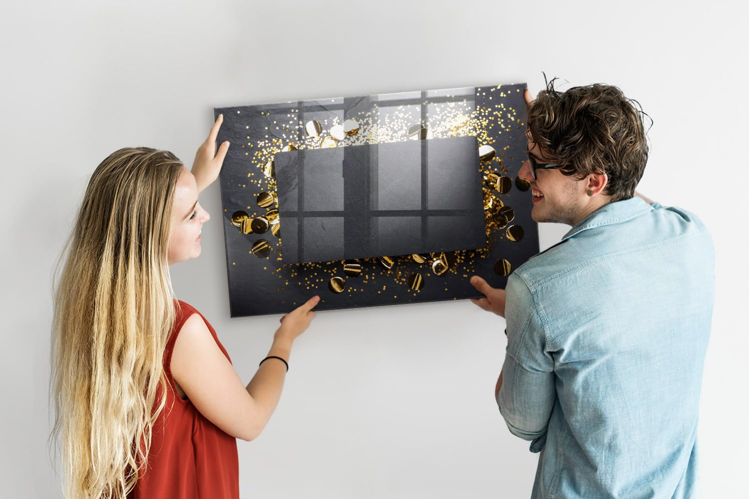 Glas-Magnetboard modern | Komplettset mit Neodym-Magneten, Marker & Schwamm | Glänzende, robuste Schreibfläche | Optimal für Büroorganisation & Meetingräume- 90x60 - Goldene Konfetti