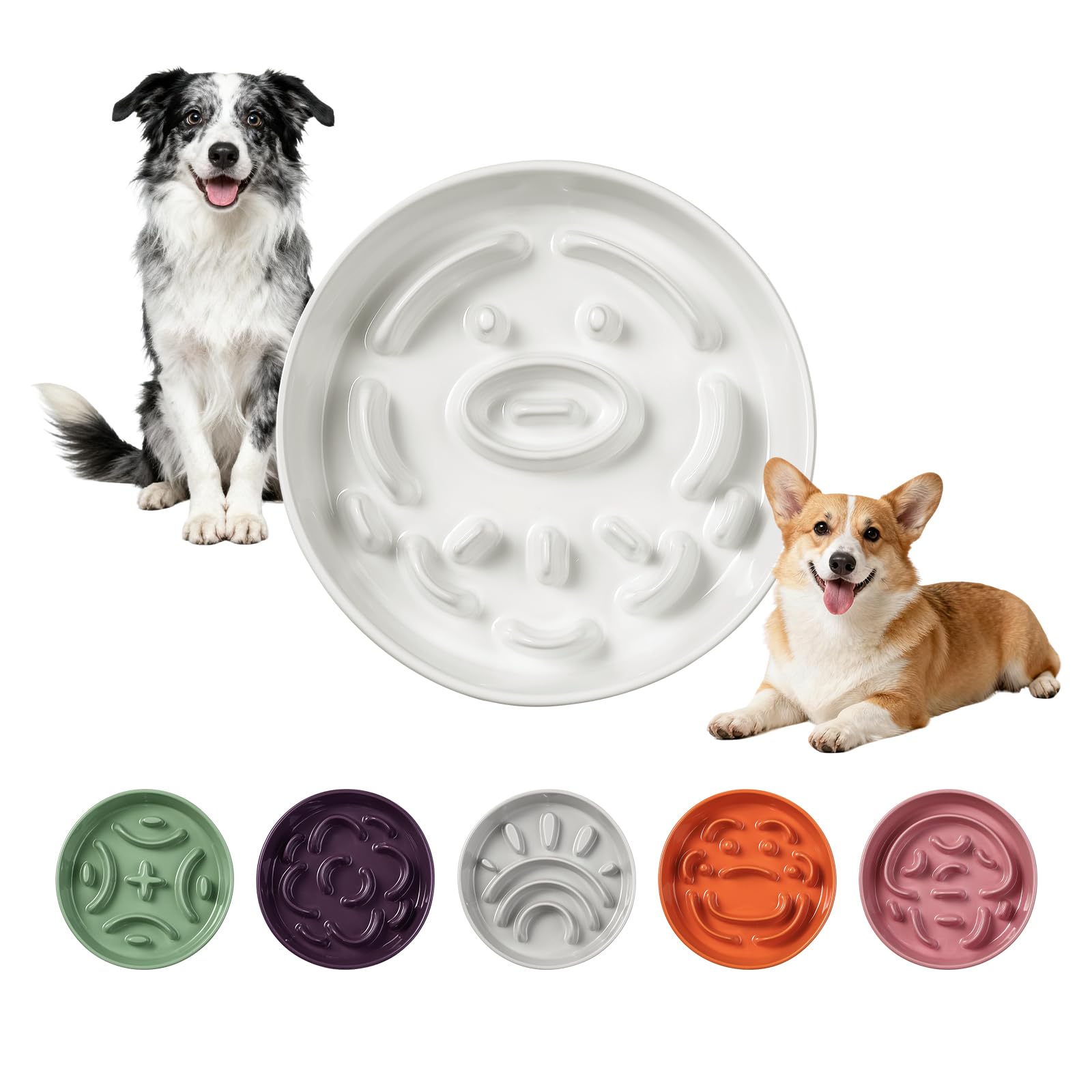 Ceramic Slow Feeder Dog Bowl - Maze Dog Bowl to Slow Down Eating - Feeding Dish for Fast Eaters - Ideal Food Control Dish for Medium to Large Breeds - 8.2 Inch - 1.8 Cups (180g) - White