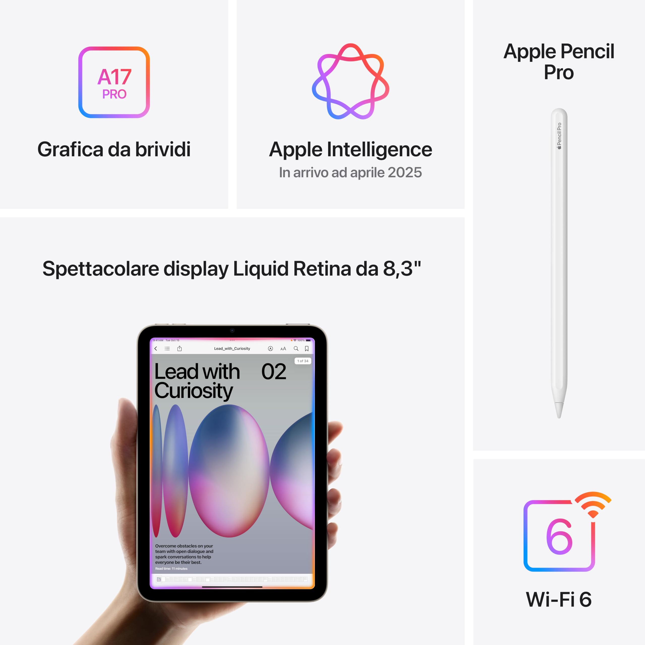 Apple iPad mini con chip A17 Pro: Progettato per Apple Intelligence, display Liquid Retina da 8,3'', 128GB, Wi Fi 6E, fotocamera da 12MP, un giorno intero di batteria – Grigio siderale