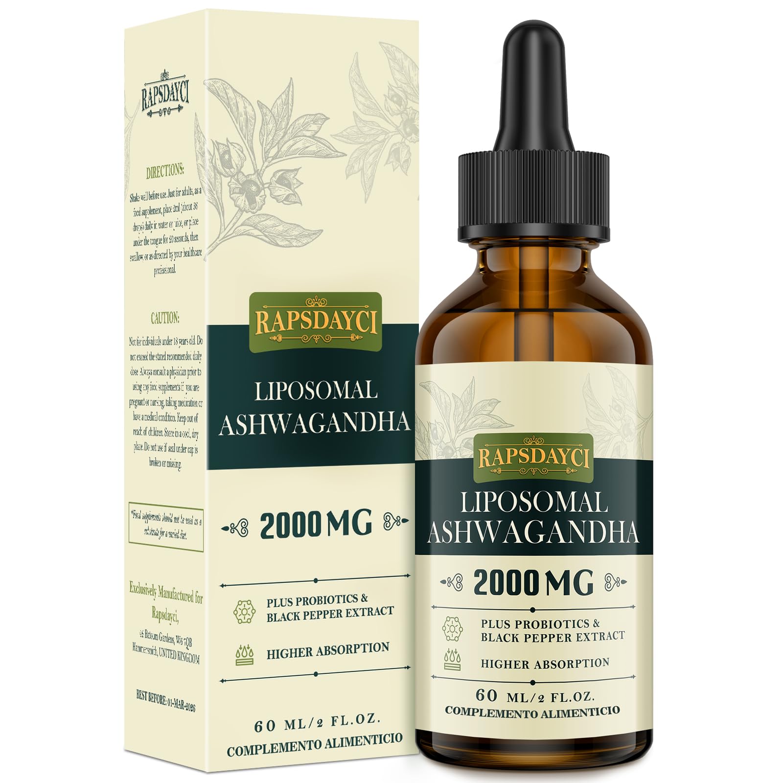 2000mg Liposomale Ashwagandha Tropfen, Hochdosiert Ashwagandha Wurzelextrakt