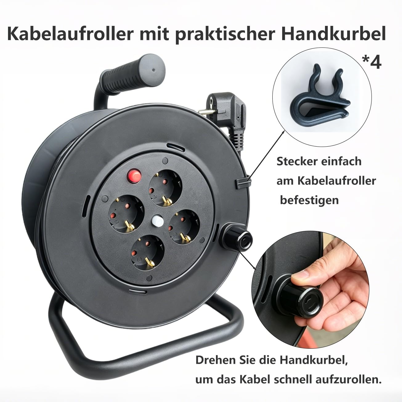 Werkstatt Kabeltrommel 30m mit Schalter und Überhitzungsschutz | TÜV-Zertifiziert,IP20,Handkabeltrommel mit Tragegriff, ideal für Indoor und Garten, Kabelrolle mit Steckdosenleiste, schwarz