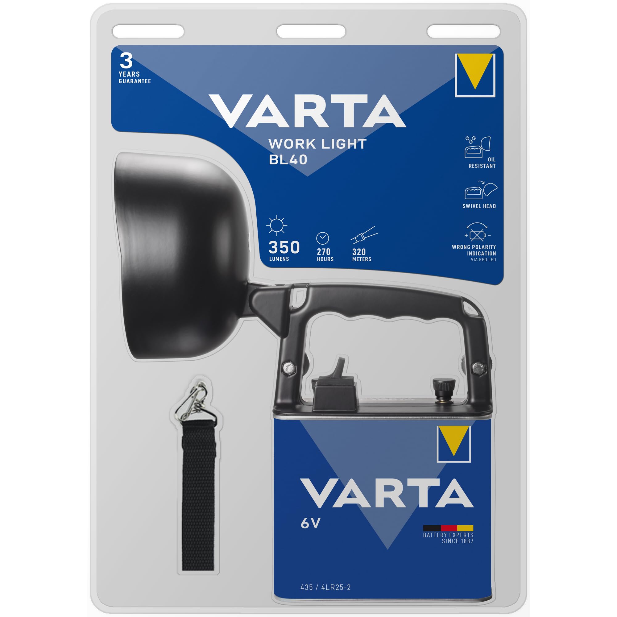 Varta Lampe de travail LED, Work Flex BL40 projecteur portatif, 2 Lichtmodi | 145° tête réglable en hauteur, résistant à l'huile, incl. Lo Power 6 V pile, piles de rechange disponibles réf.