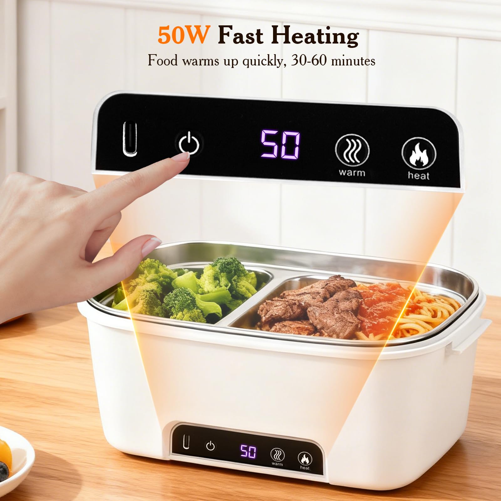 Scatola da Pranzo Elettrica Senza Fili, Scaldavivande Elettrico con Posate e Borsa Termica, A prova di perdite, 15600 mAh, 1,5L portapranzo riscaldato ricaricabile in acciaio inox per Auto, ufficio