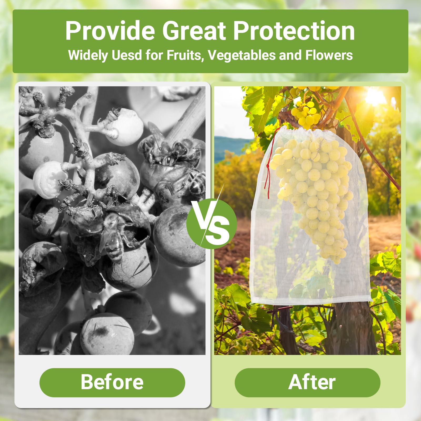 Bolsas protectoras de frutas de malla, 50 bolsas de frutas grandes de 14 x 21 pulgadas para árboles frutales, bolsa de red duradera para proteger sandía, melón, mango, albaricoque de insectos