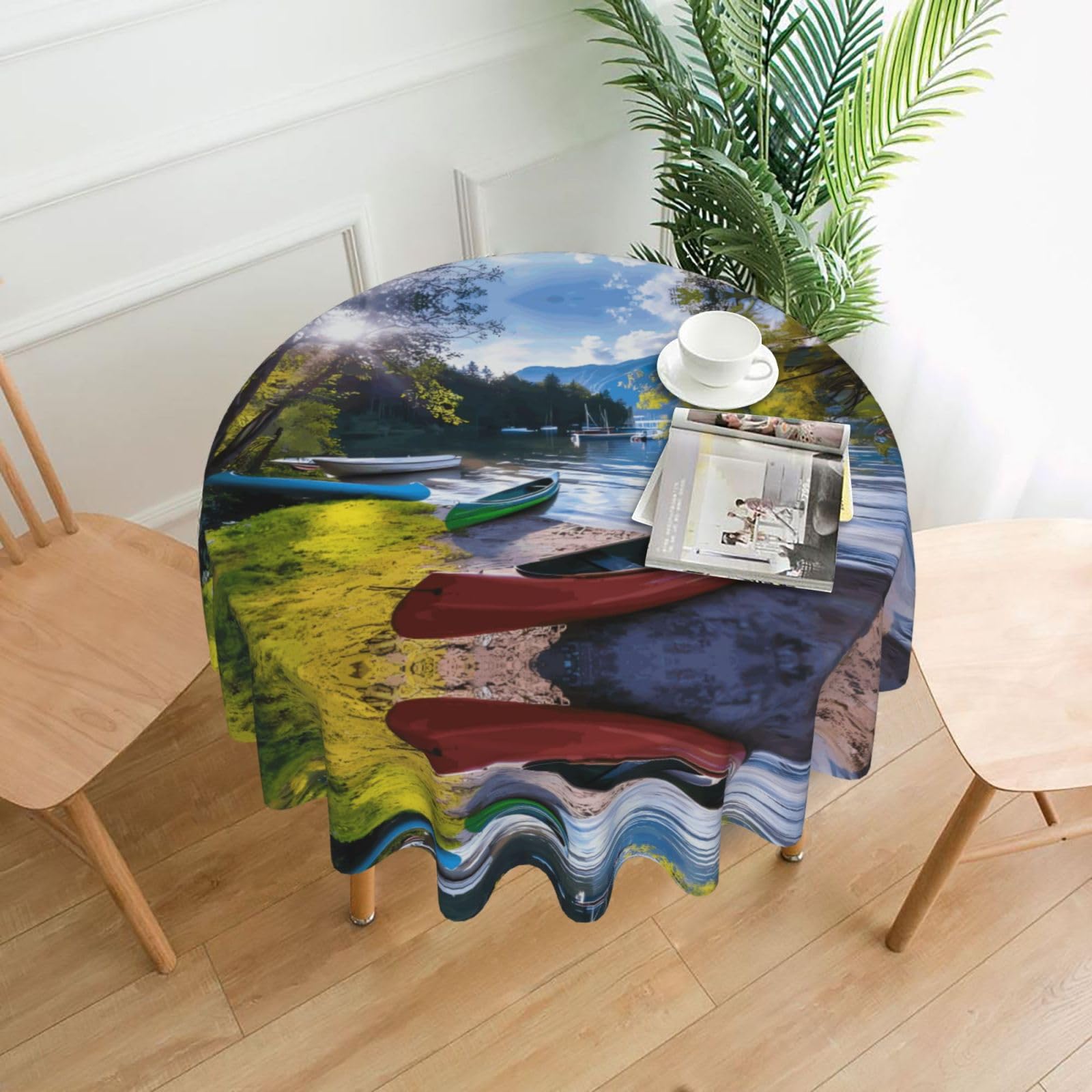 YYHHAOFA Lake with Boats Canoes Park Prints Round Decorative Tablecloth 60in - High-Grade Polyester Throw for Dining Tables, Parties, & Outdoor Events