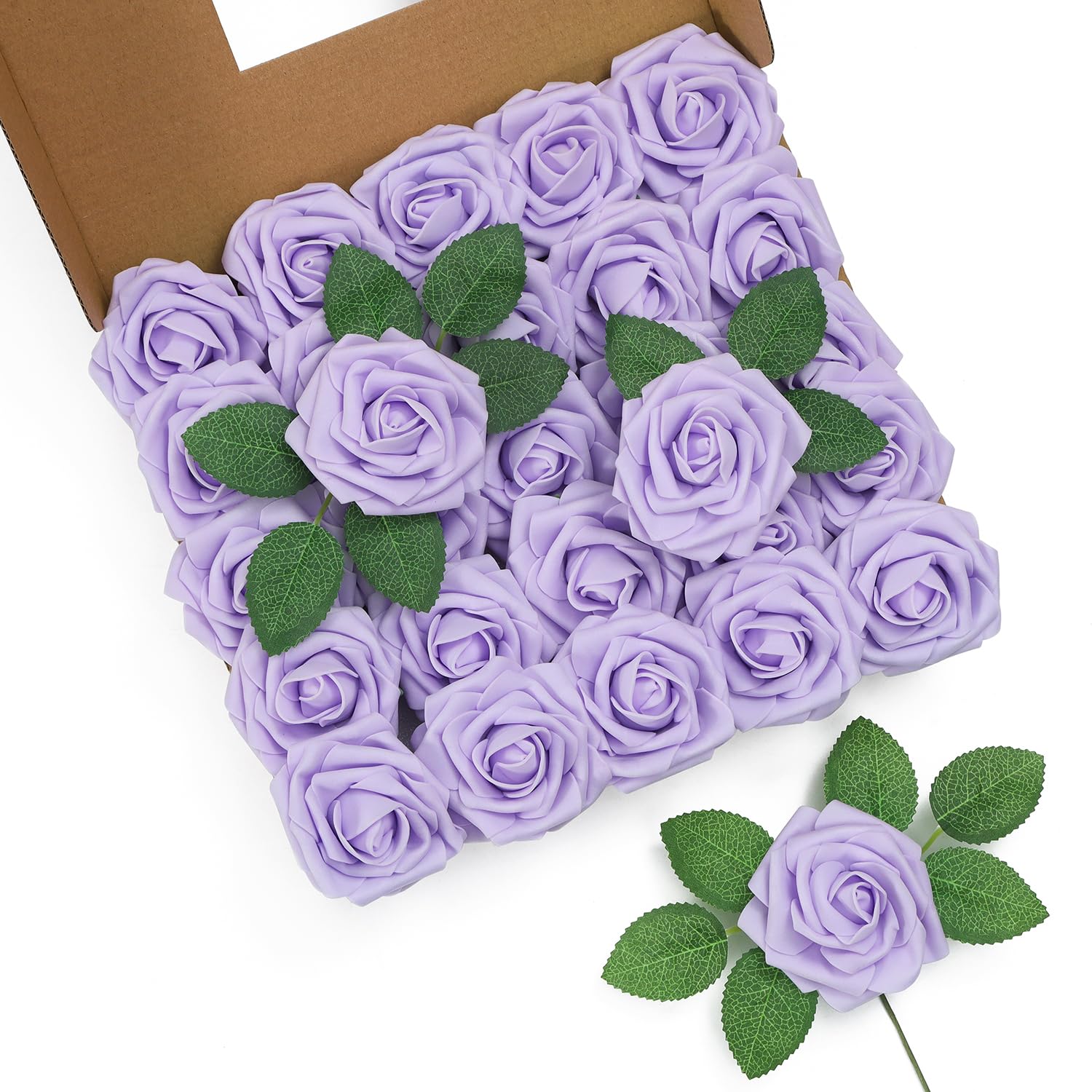 LEUCHTAMOR 25Pcs Artificial Roses Flowers Lilac Foam Roses Real Touch Fake Rose Heads for DIY Flower Garland Baby Shower Wedding Bridal Bouquets Table Floral Arrangement Party Home Decoration