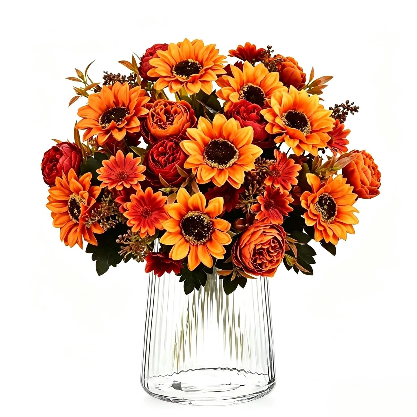 4 Bunches Autumn Artificial Flowers Sunflowers Orange Fake Peony Bouquet
