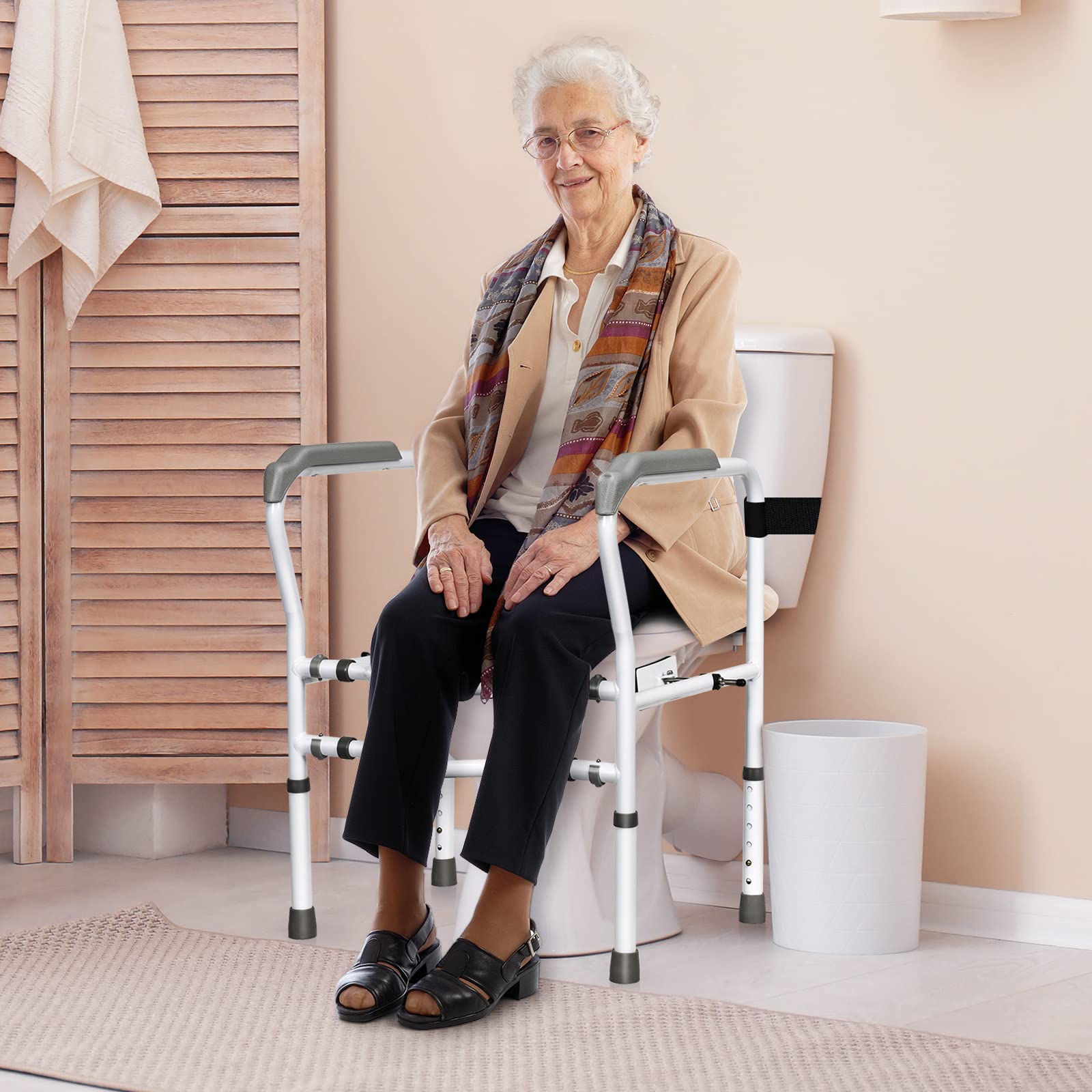 COSTWAY Supporto per WC, Supporto per WC con Altezza e Larghezza Regolabili e Dispositivi di Fissaggio Girevoli a 360°, Supporto per Bagno per Anziani Disabili