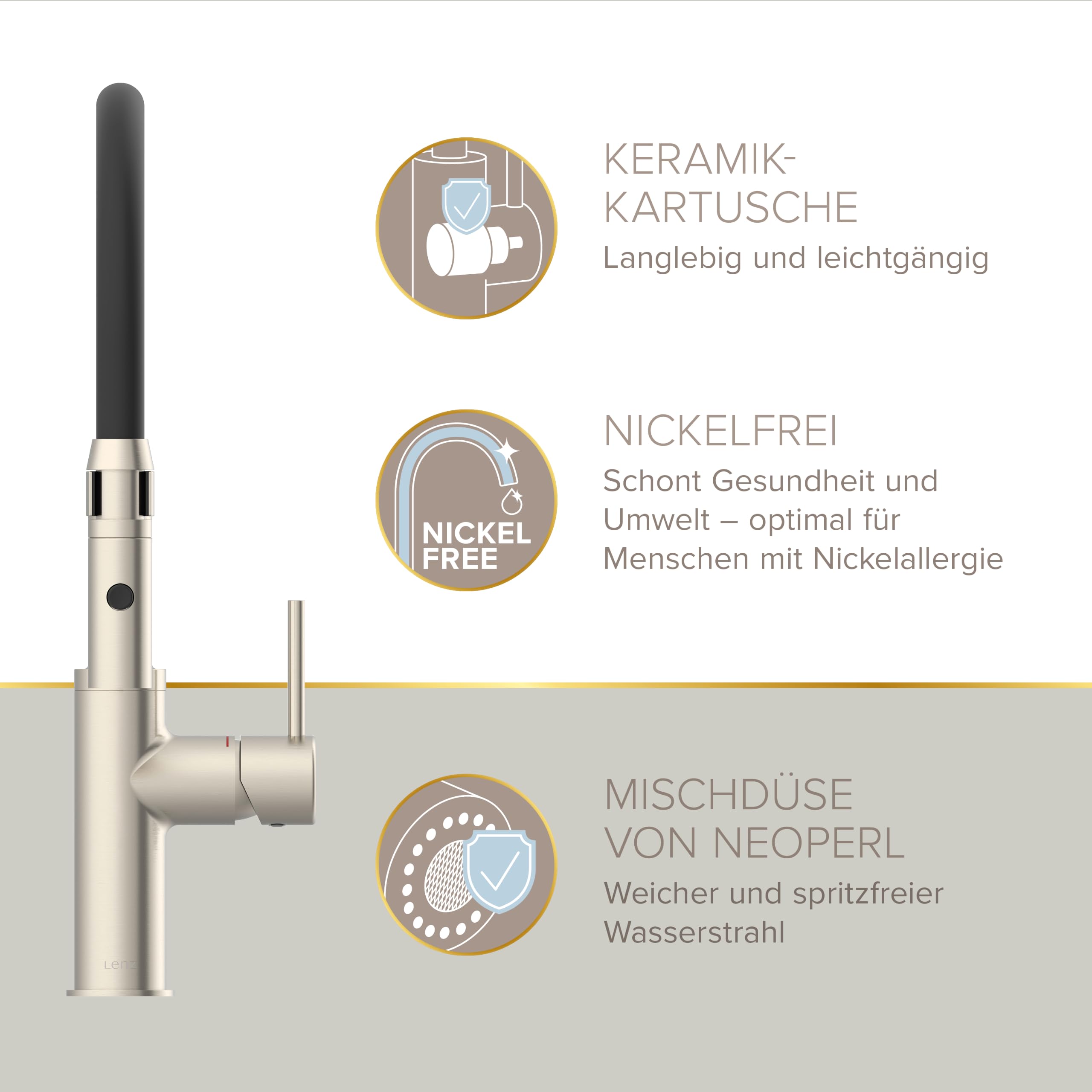 Lenz Küchenarmatur NALU in Nickel – Flexible Geschirrbrause, 2 Strahlarten | Spültischarmatur mit 2-Mengen-Funktion, Magnetische Halterung, Einfache Montage von oben, Höhe 42,7 cm, 46070422