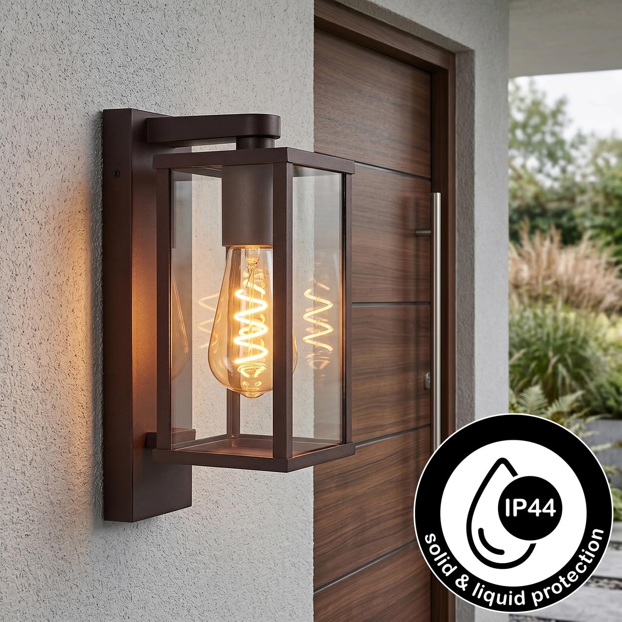 HOFSTEIN Außenwandleuchte Tourega, Außenwandlampe aus Metall/Glas in Rostfarben/Klar, moderne Wandleuchte abwärts außen im Vintage-Design mit Lichteffekt, E27, IP44, Garten, Hof, Außenbereich, Haustür