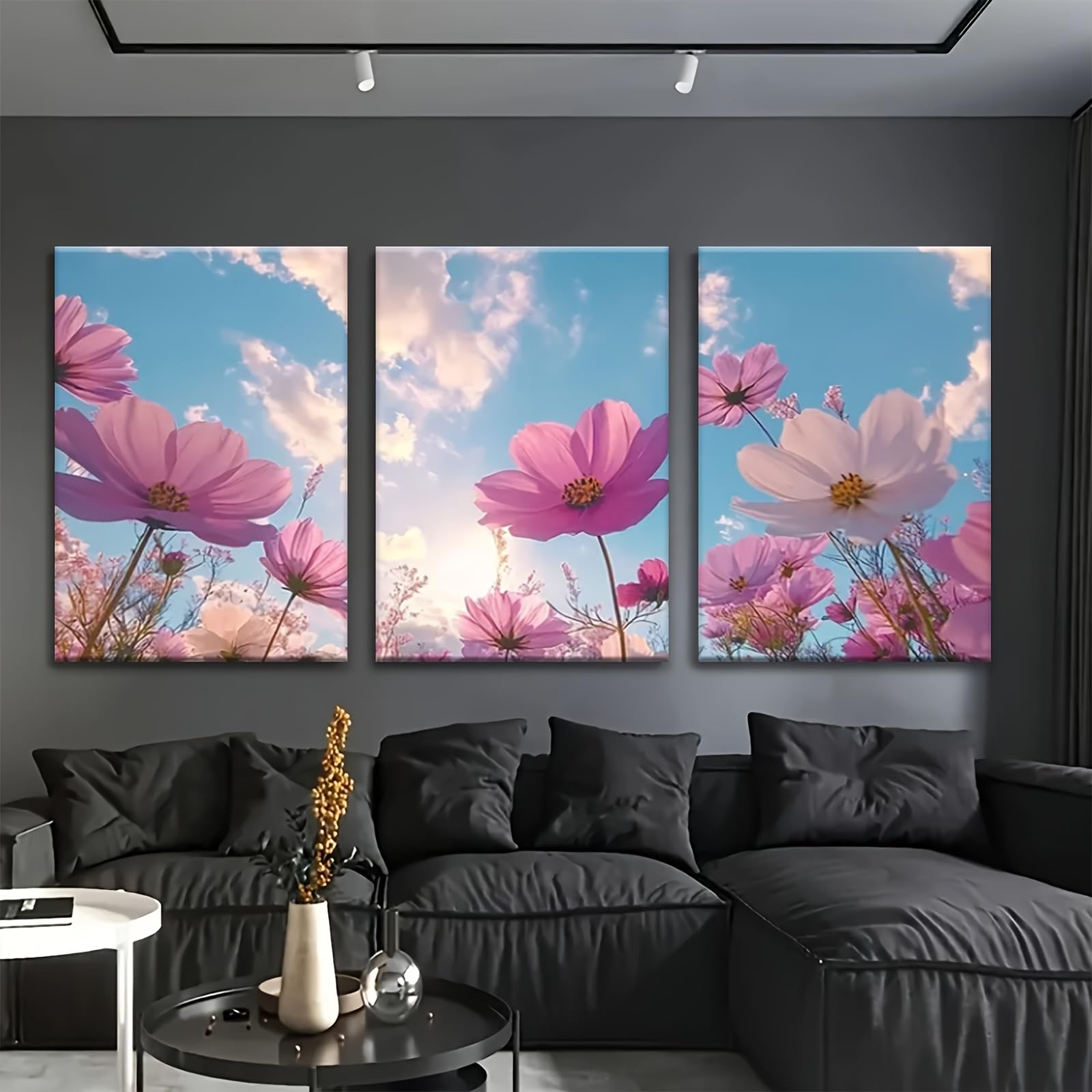 JKEVCBIAX Minimalist Purple Chrysanthemum & Blue Sky Paintings-Soft Color Aesthetic Canvas Wall Art Gentle Abstract Decor(50x70cmx3/NO frame)
