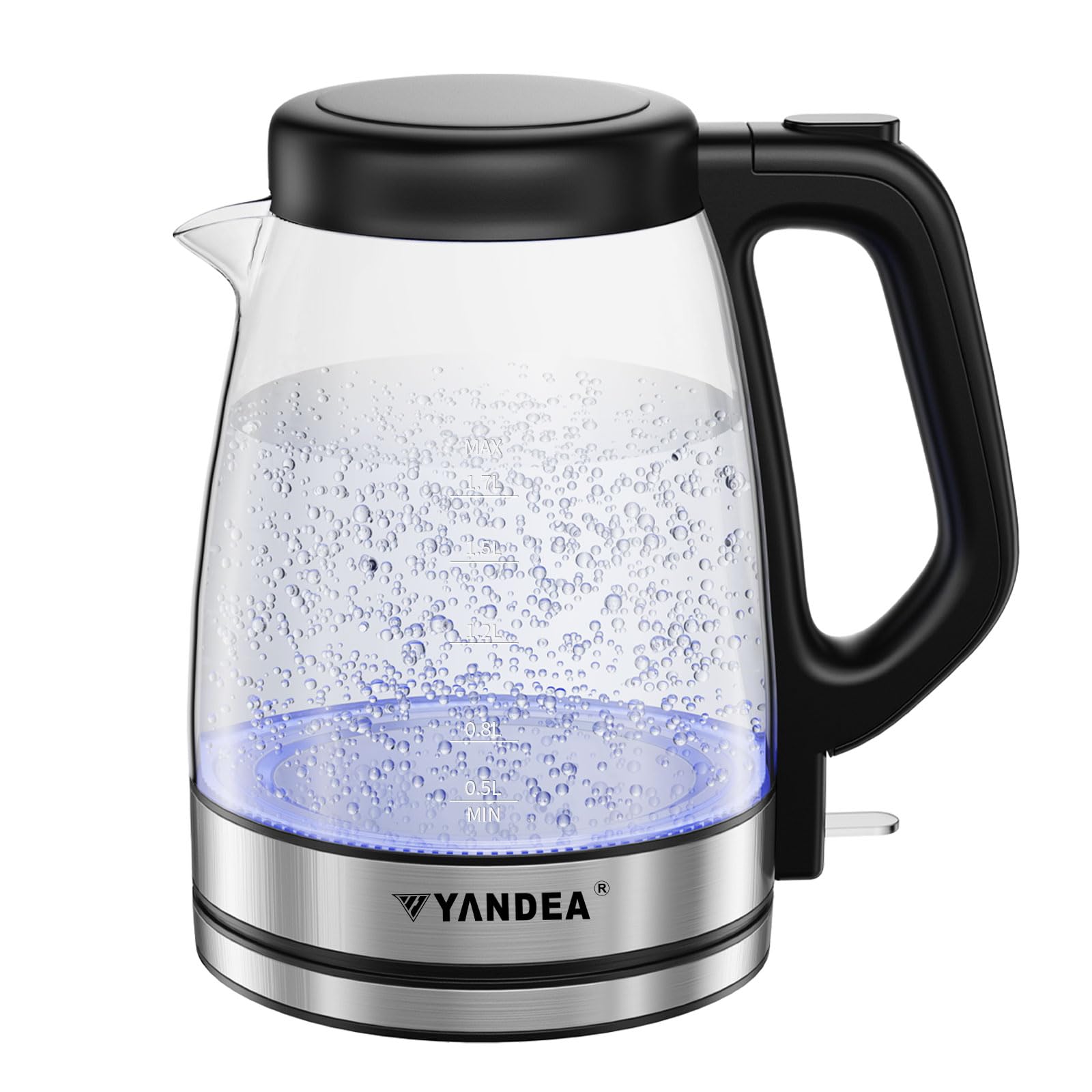 YANDEA Electric Kettle(Blue LED light), Hot Water Boiler, Auto Shut Off, Boil-Dry Protection, Upgrade lid with safety lock, Filter, BPA Free, Borosilicate Glass Electric Tea Kettle (1.7L),