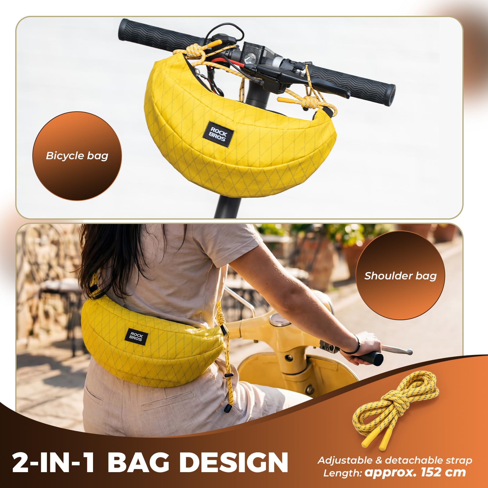 ROCKBROS Borsa da Manubrio per Bicicletta 1,8 L, Borsa a Tracolla Leggero Crossbody Bag, Adatta per Mountain Bike, Bici Pieghevoli, Monopattino e Pendolarismo, Giallo