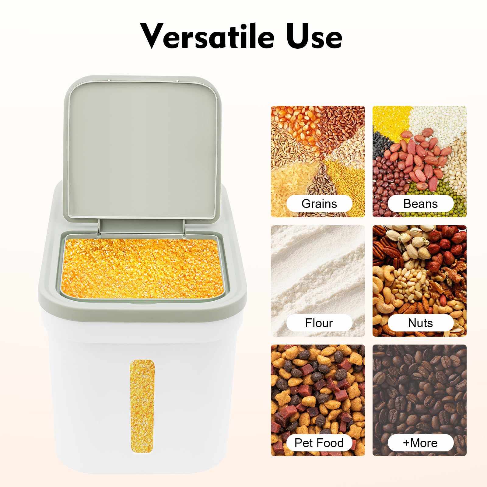 Reisspender Futtertonne 10KG, Reisbehälter mit Reistasse, 22×38×23cm Futteraufbewahrung für Hunde, Futterbehälter für Reis, Mehl, Cornflakes, Hundefutter, Katzenfutter, Grün