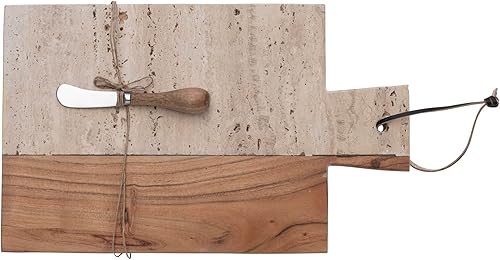 Miniatura 1 de Creative Co-Op Corbata de cuero y canapé de madera de piedra y acacia, queso natural/tabla de cortar