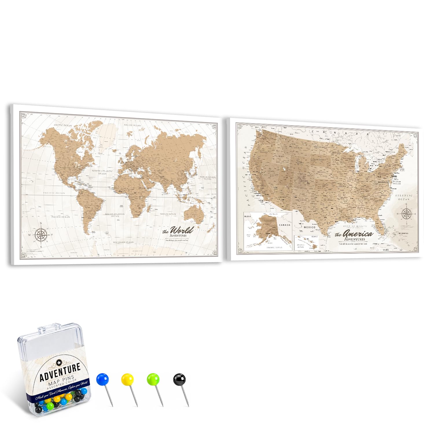 IPIC Vintage World Map Pin Board and USA Map, Set of 2, Size 42x28 in