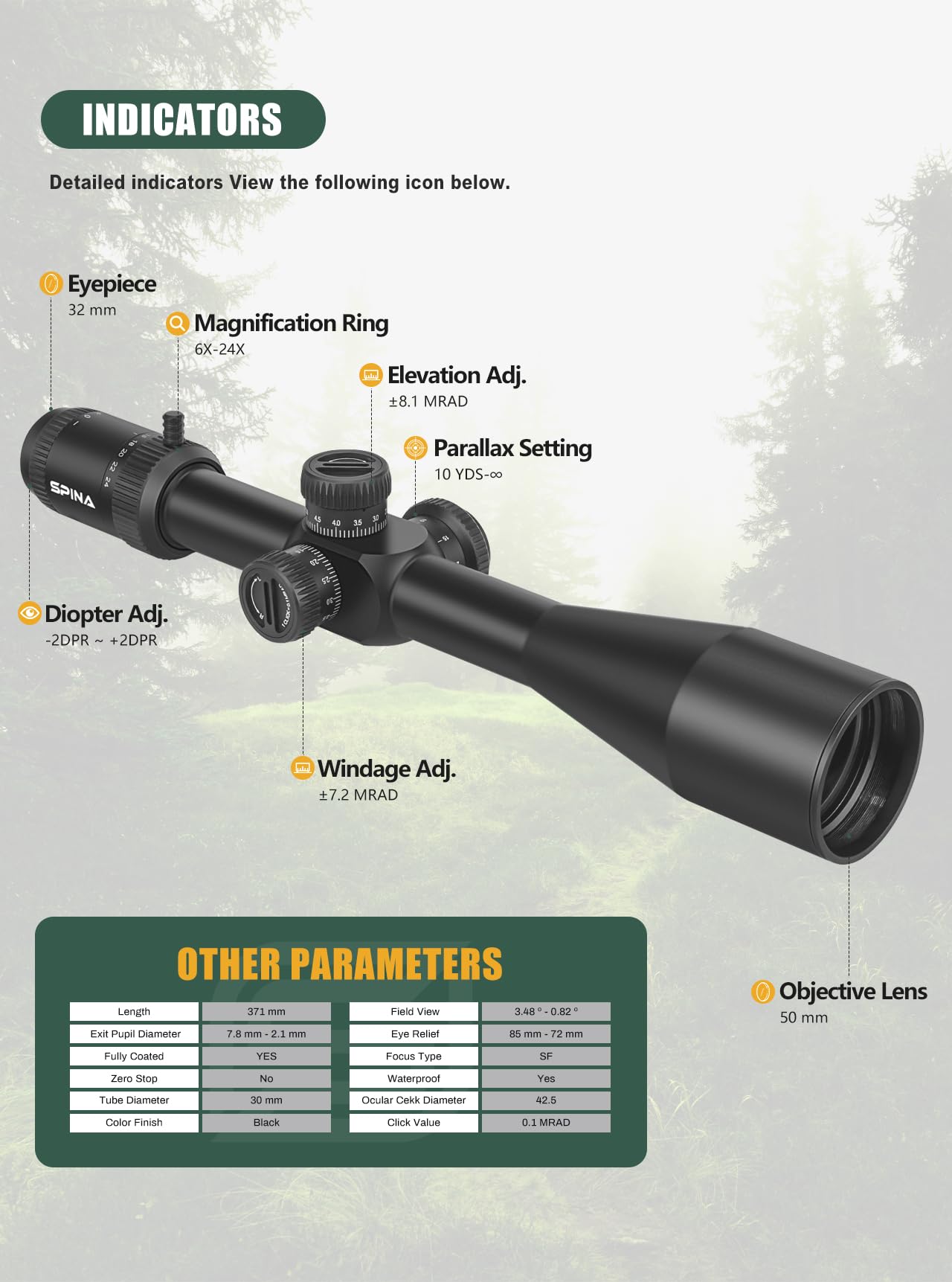 SPINA OPTICS 6-24x50 II Riflescope Primo Piano Focale Riflescope con MRAD Precision Tree Reticle e Parasole
