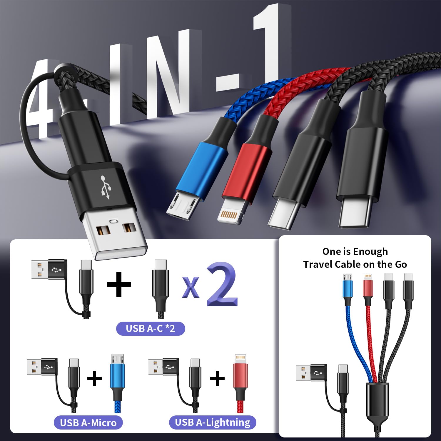 MPATIBY Paquete de 2 cables de carga 4 en 2 de viaje de 6 pies con puerto doble tipo C, cable de carga múltiple USBA/C para múltiples dispositivos, cable de carga de cobre estañado para iPhone 17-12