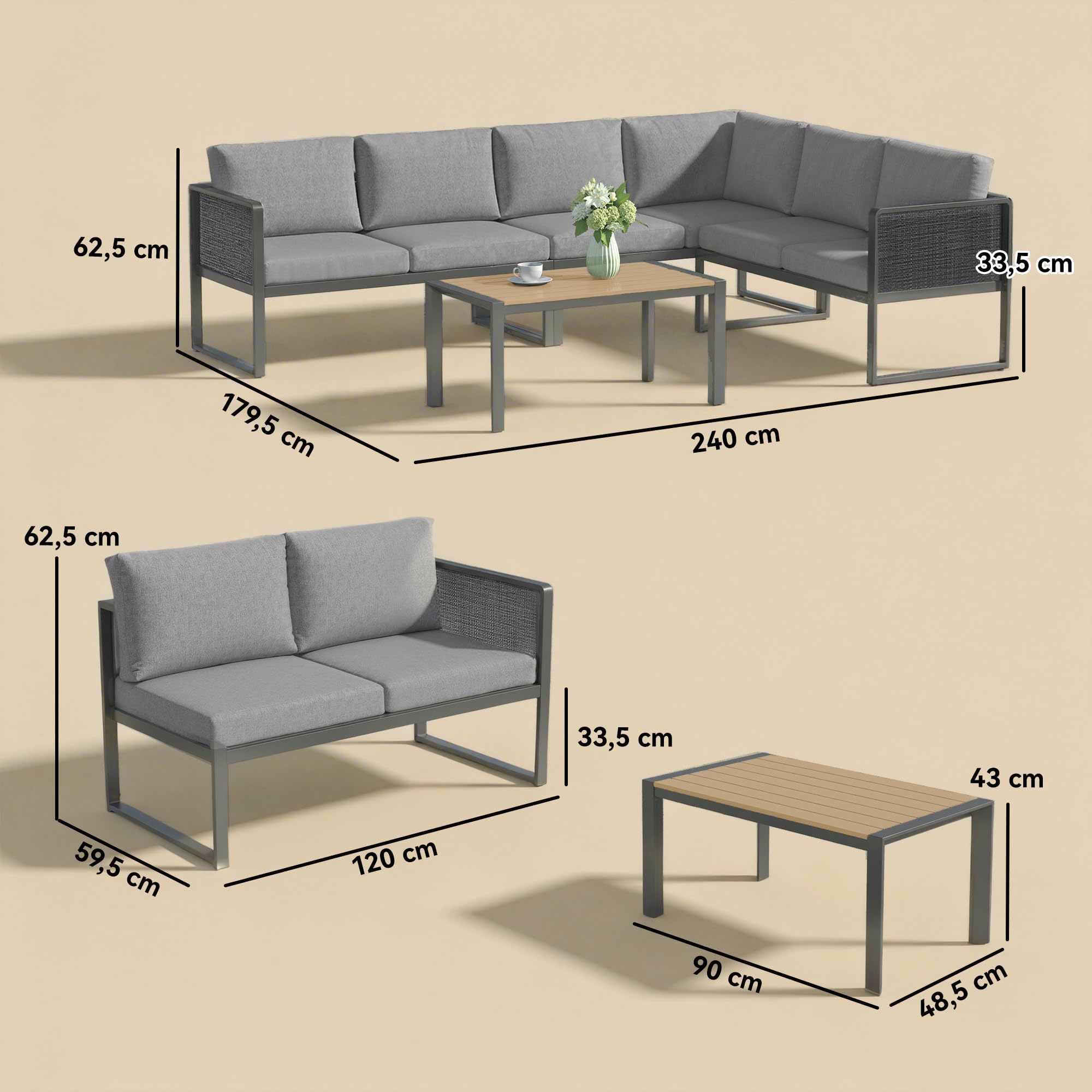 Outsunny Salon de Jardin Extérieur d'angle Modulable 6 Personnes Gris Foncé | Canapés, Table Basse à Lattes Effet Bois, Coussins, Structure en Métal et Textileline, Mobilier de Jardin Terrasse Balcon