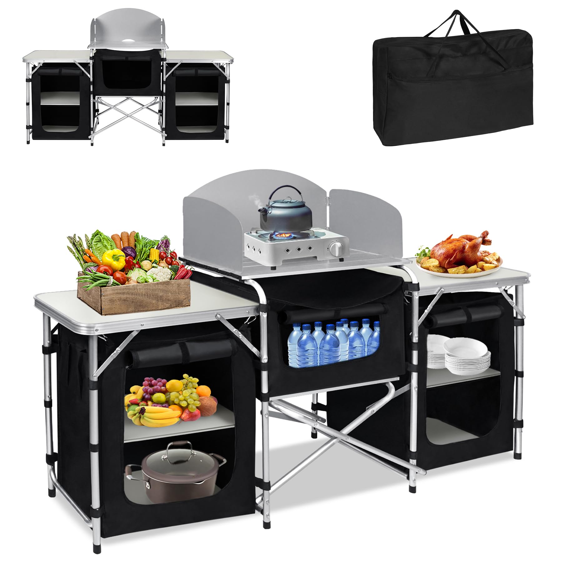 Armoire de cuisine de camping pliable avec structure en aluminium, compartiments de rangement et sac de transport - Pour pique-nique, camping, barbecue