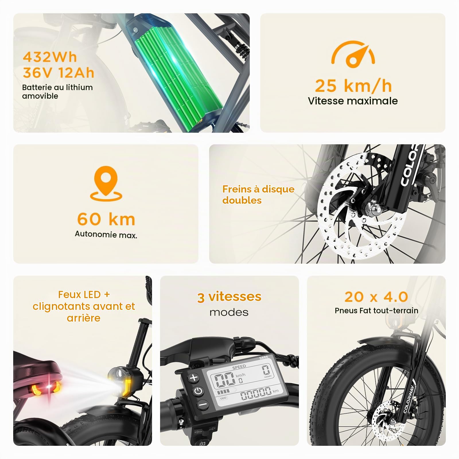 COLORWAYVélo Électrique Adulte Homme 20 Pouces Fat Tire 250W, EBike Homme Puissant Tout Terrain,Pedelec 36V/48V avec Batterie Amovible Grande Autonomie,Double Frein à Disque et Écran LCD Intelligent