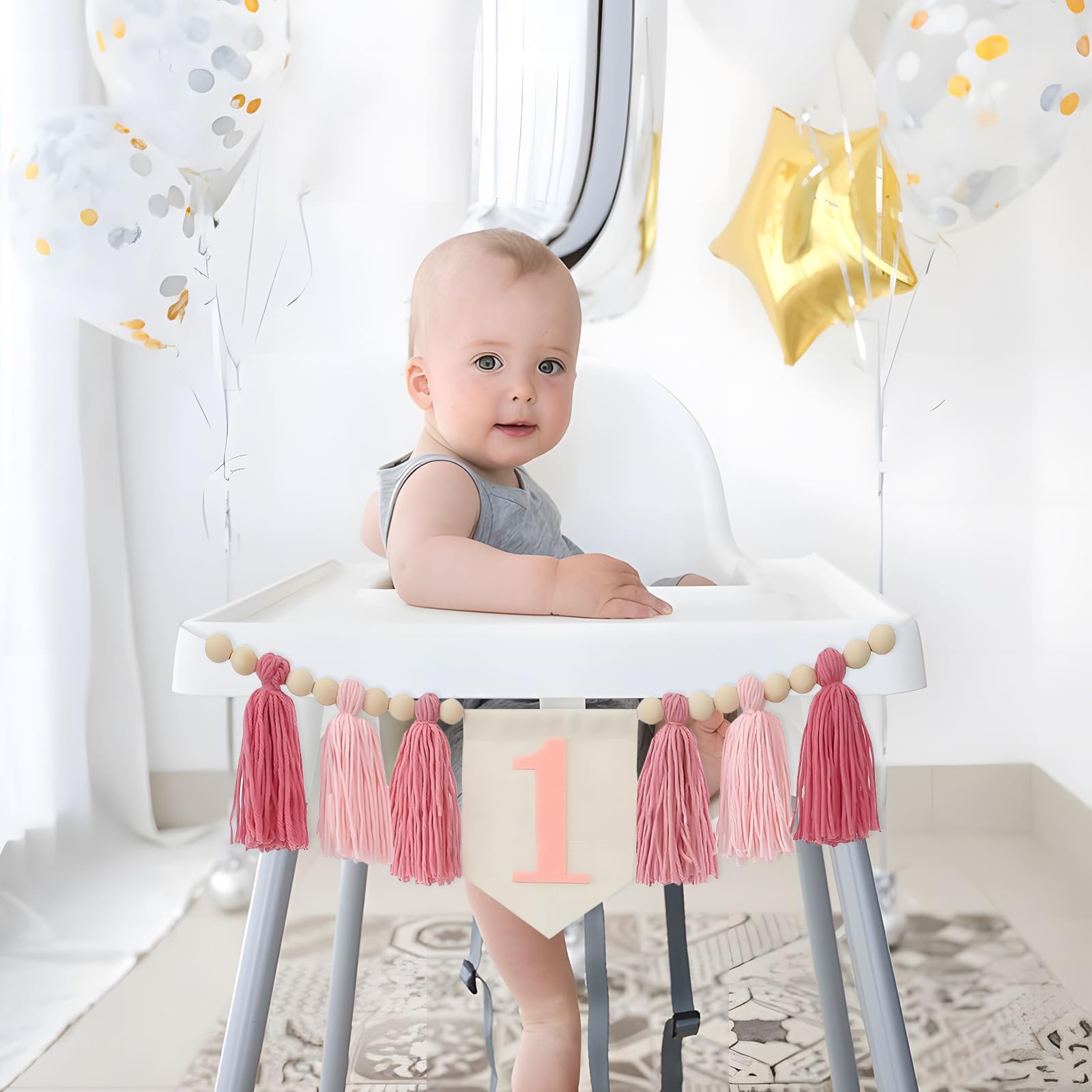 Pink Highchair Banner 1st Birthday Decorations for Girls - Happy 1st Birthdays Banner for One Birthdays Decorations