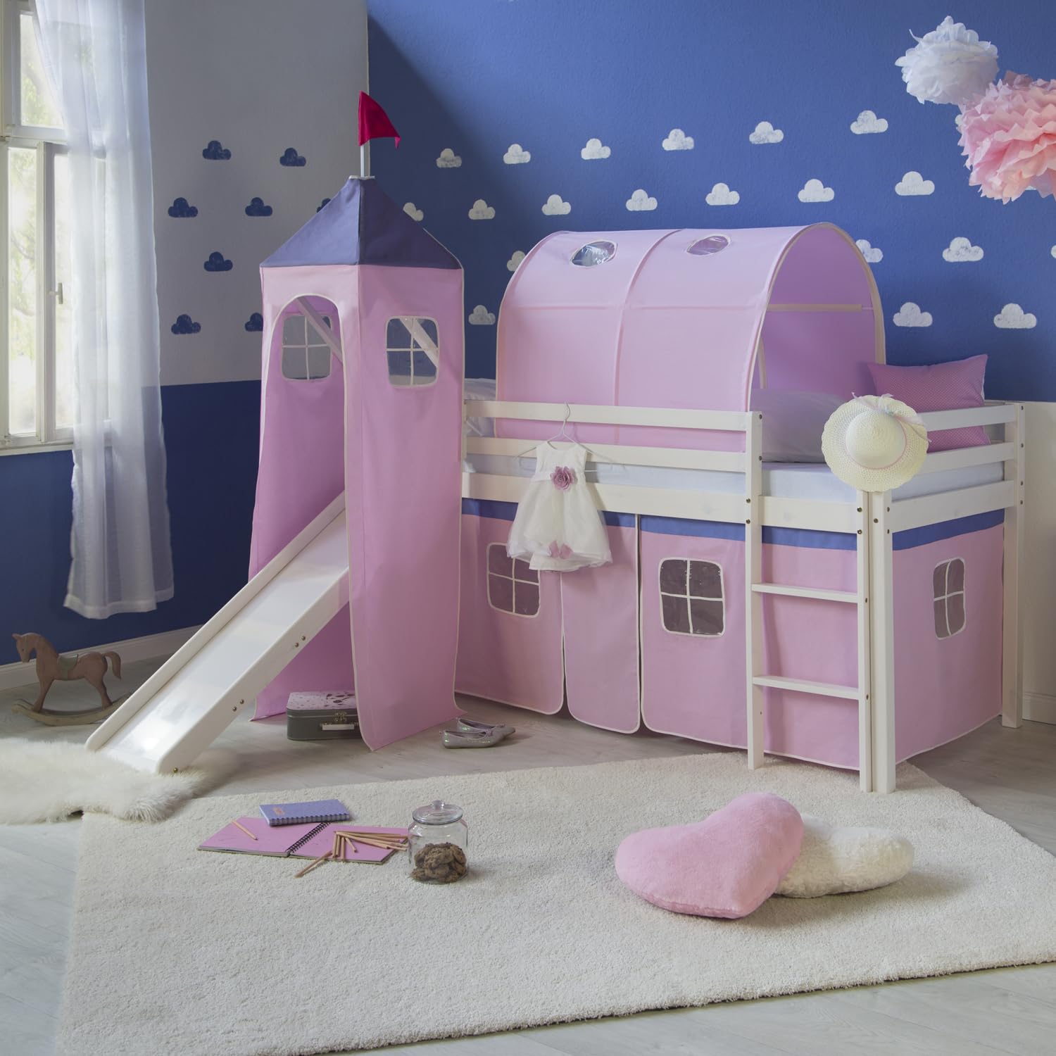 Homestyle4u 2555 Kinderhochbett Weiß 90x200 cm – Kiefernholz mit Vorhang, Turm, Tunnel, Leiter und Rutsche