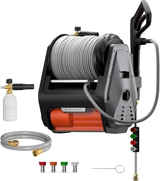 Giraffe Tools Grandfalls Retractable Wall Mounted Pressure Washer Pro, 3700 PSI, 1.6 GPM Electric Power Washer, Automati