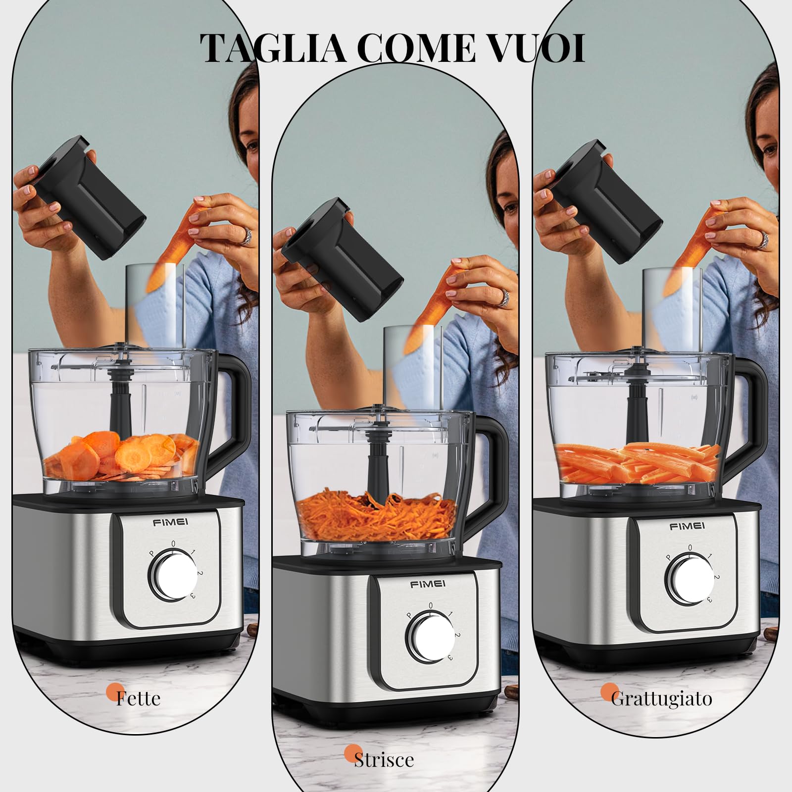 FIMEI Robot da cucina multifunzione 1100W, 3 velocità e funzione Pulse, 3.2L tritatutto, 1.5L frullatore, macinatore, spremiagrumi, impastatrice, grattugia e disco reversibile per affettare