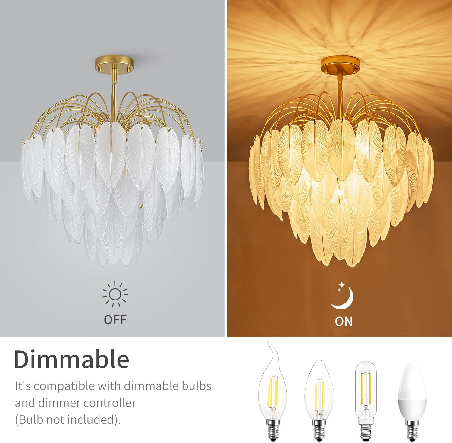 8-Light Gold Chandeliers, 4-Tier Modern Pendant Light Fixture for Dining Room, Living Room, D21 x H24~54" Adjustable Height, Frosted Feather-Shaped Glass Shade & Brass Finish Frame