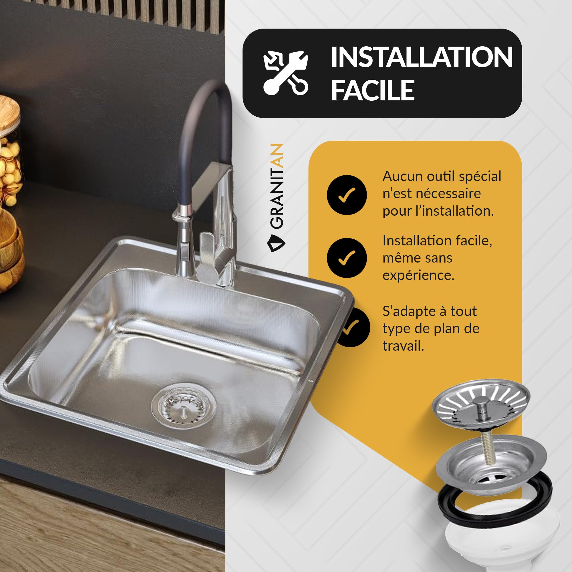 Évier de Cuisine en Acier Inoxydable 38x38 cm avec Siphon - Trou Robinet ⌀ 92 mm - Facile à Encastrer - Satin - GRANITAN
