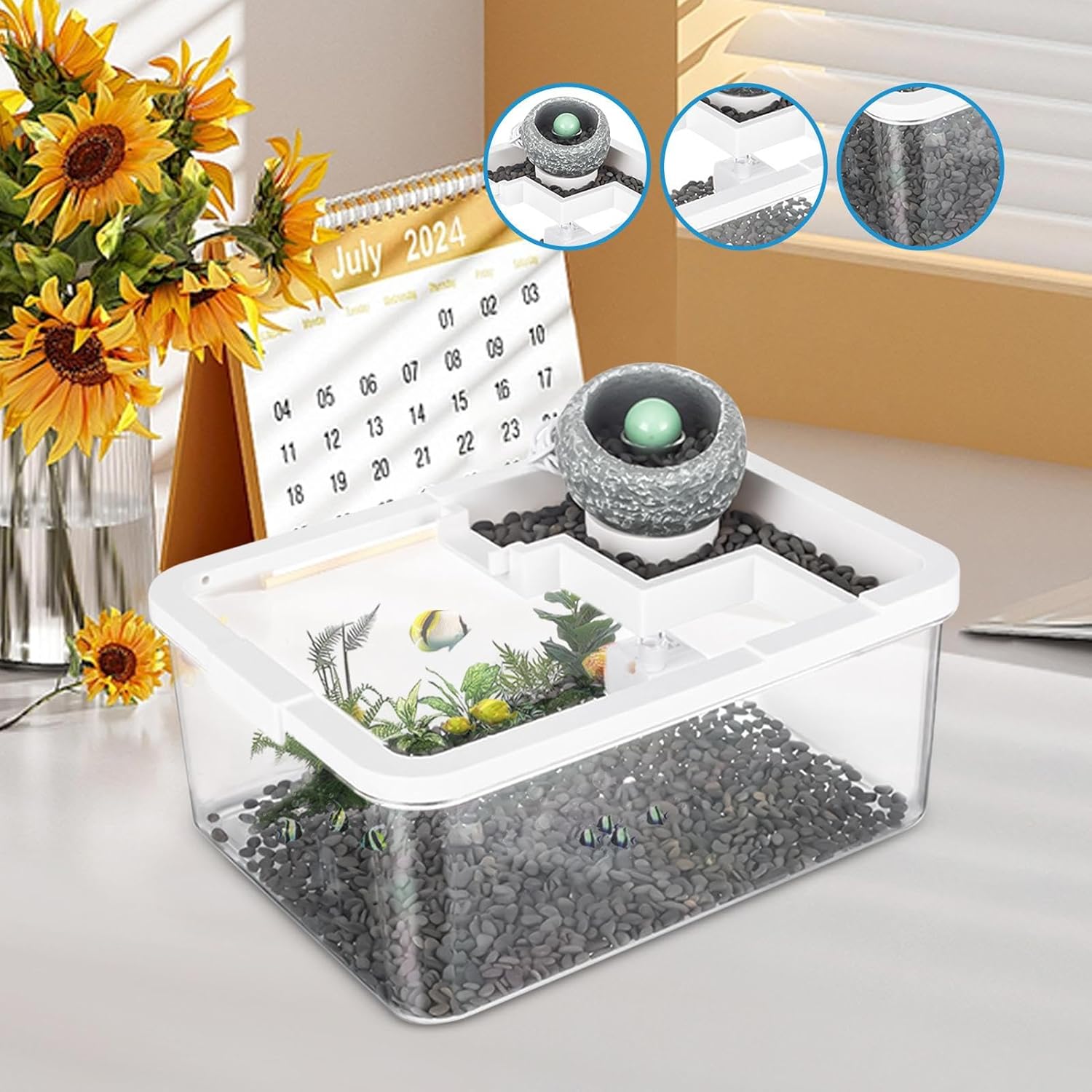 Fish Tank - Quiet Tiny Landscape Decor with LED Light and Pump | Small Fish Aquariums - for Betta Shrimp Jellyfish Aquaponics Desktop Hospital Bookshelf Studio Bedroom