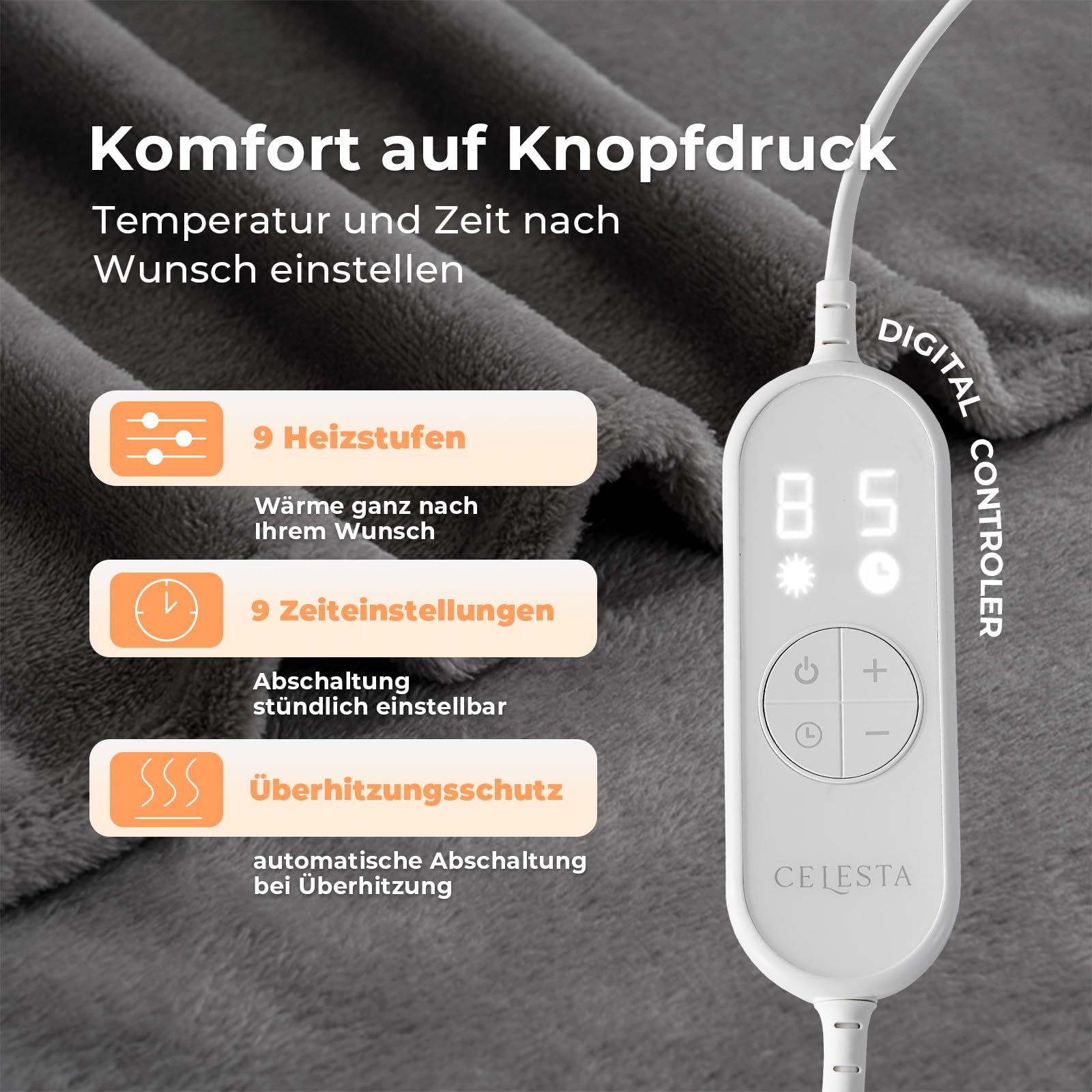 CELESTA Flanell Heizdecke mit Abschaltautomatik 180 x 130 cm, 9 Heizstufen 1-9H Timer Auto-Aus, Beheizbare Decke, Maschinenwaschbar - für Sofa, Bett und Büro, Dunkelgrau