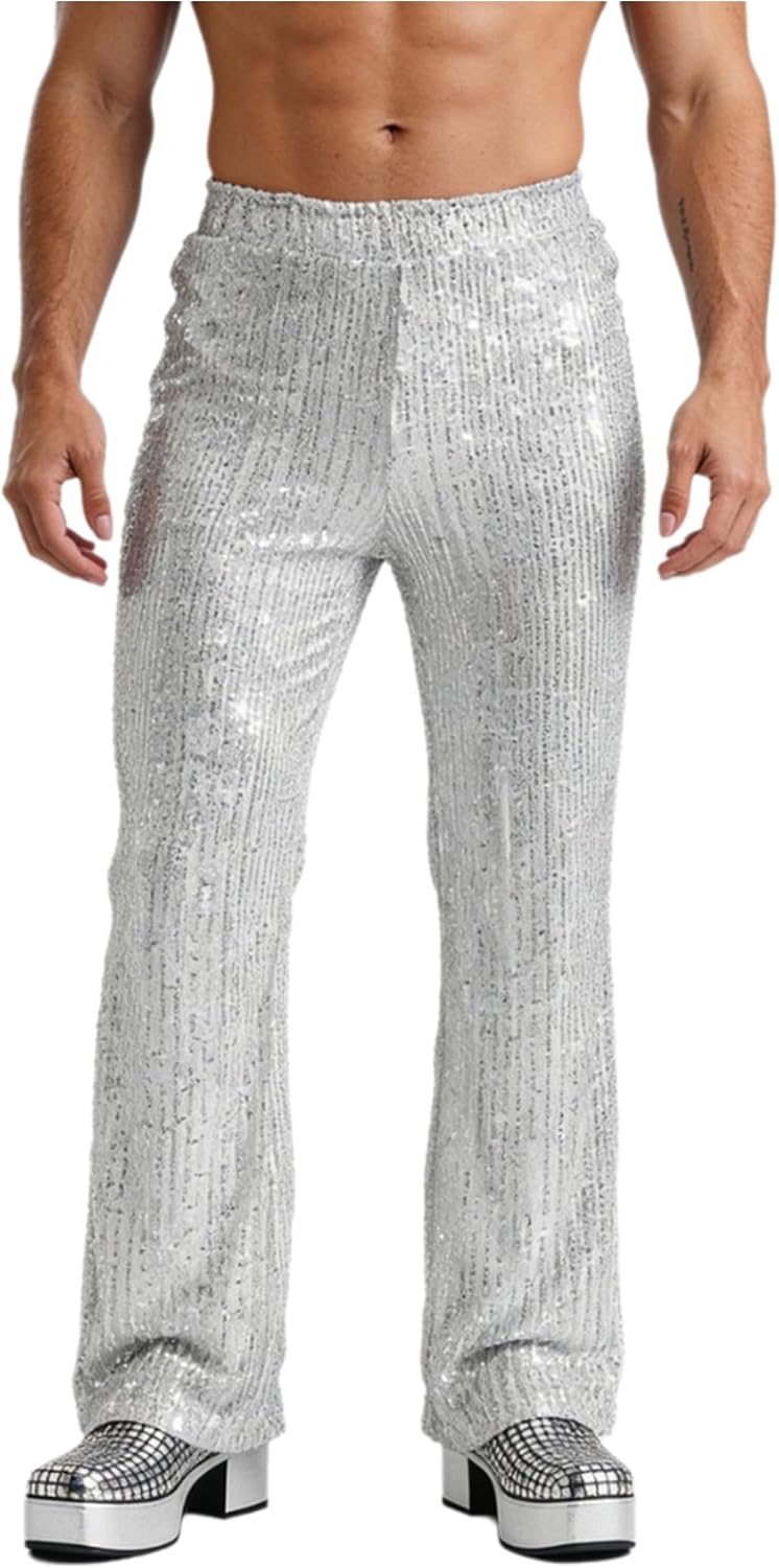 Linjinx Adult Men's Glittery Pants 60s 70s Bell Bottoms Sequins Bell Bottoms Trousers Wide Leg Leggings