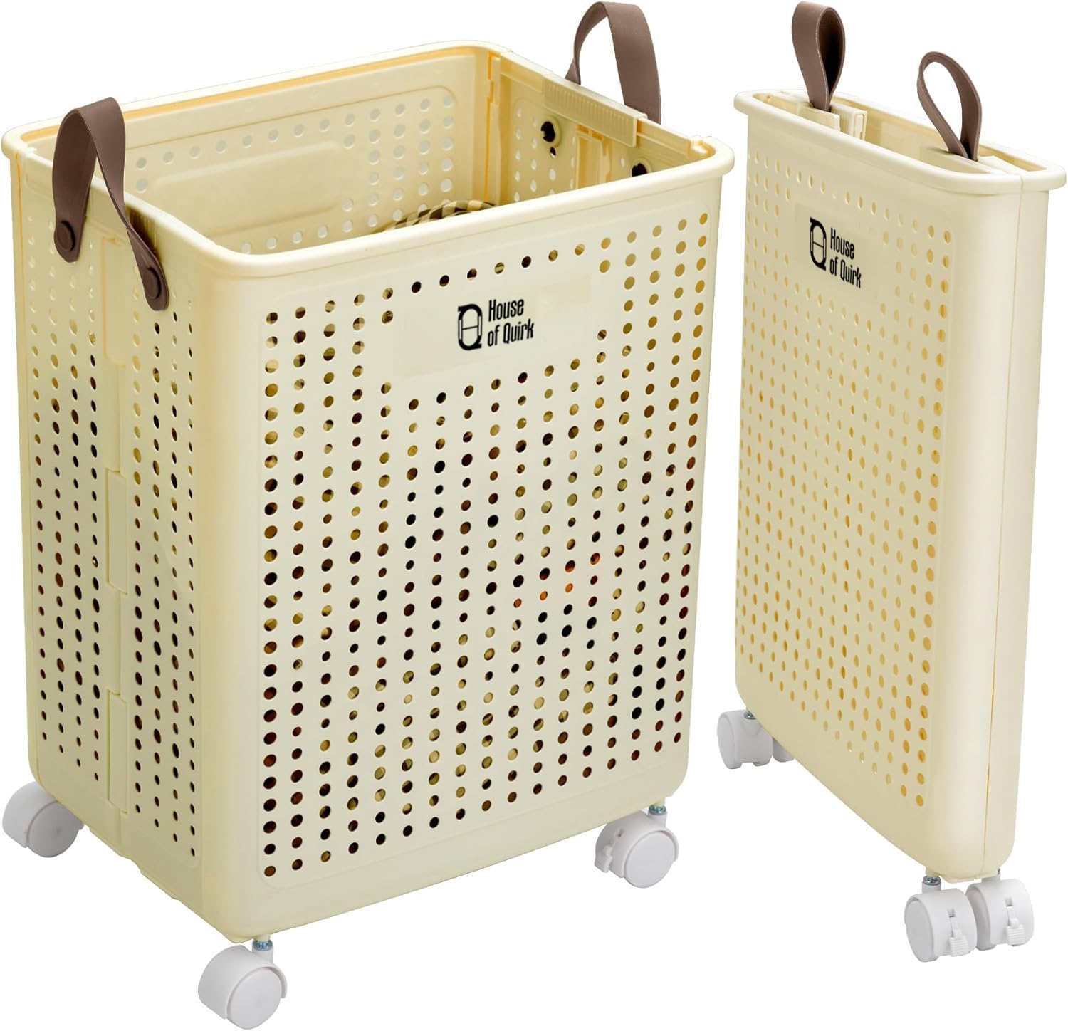 House of Quirk Collapsible Laundry Basket with Wheels and Handle, Plastic Foldable Laundry Hamper, 60L Versatile Portable Storage Basket for Laundry and Bathroom (38x30x53cm, Large), Cream