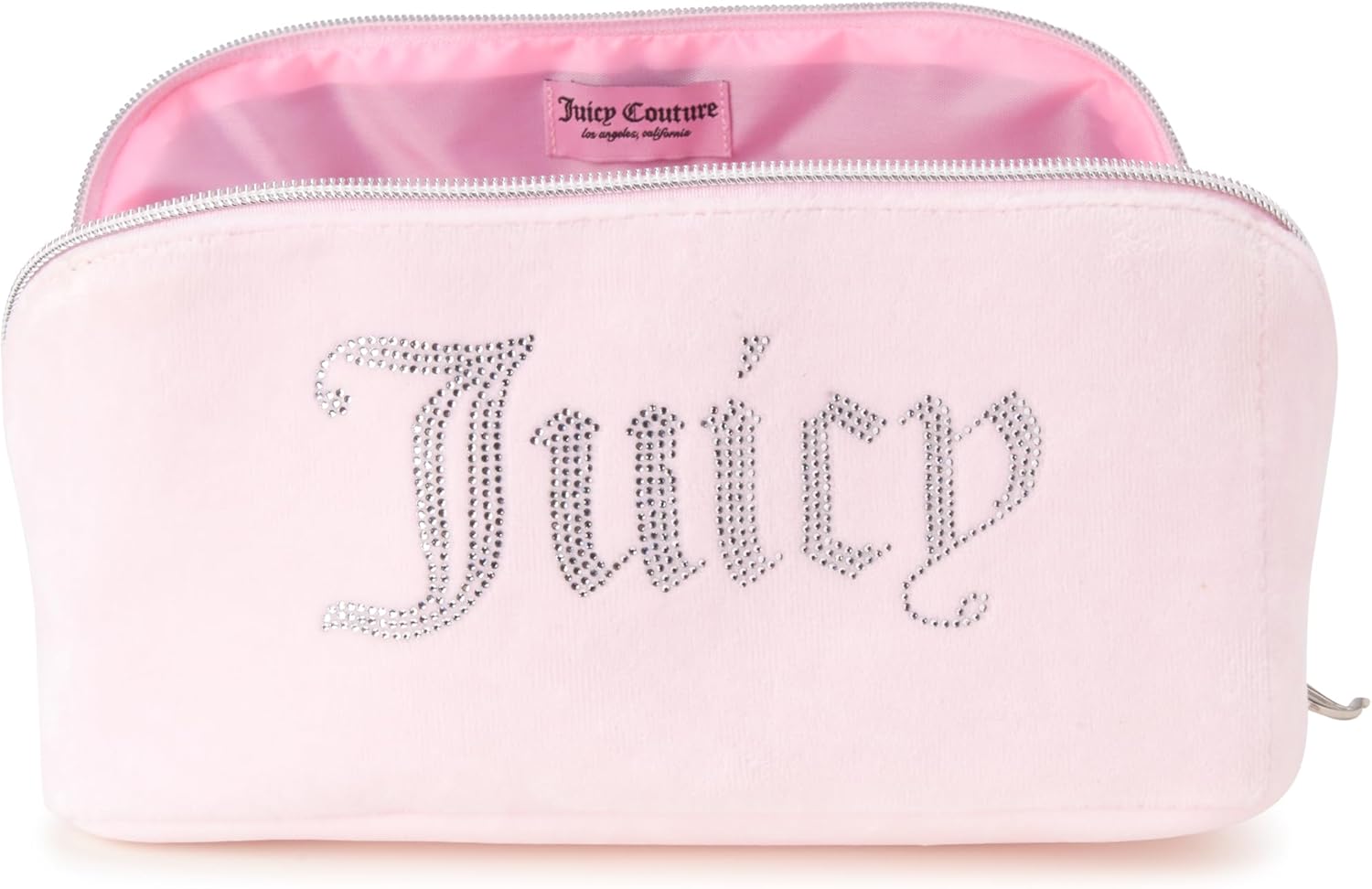 Juicy Couture Pink Makeup Bag Cosmetics Organizer Travel Essentials Cross Zip Velour Rhinestone Silver Handle