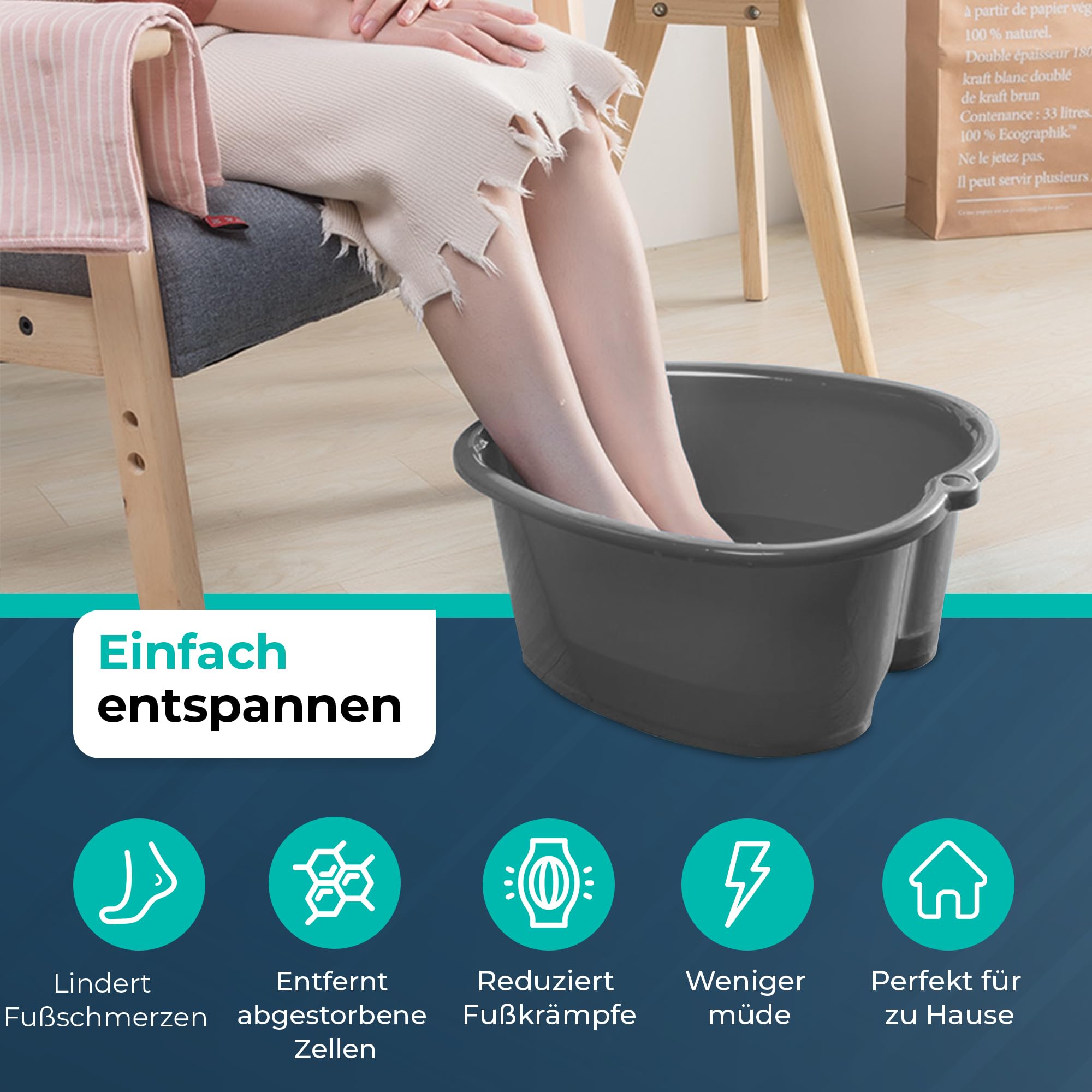 BUDDLEY Fußbad Wanne - Mit Massageboden - Grau - Bis Schuhgröße 46 - Fußbecken Kunststoff - Warm & Kalt - Pediküre - 38 x 34,5 x 17,6 cm