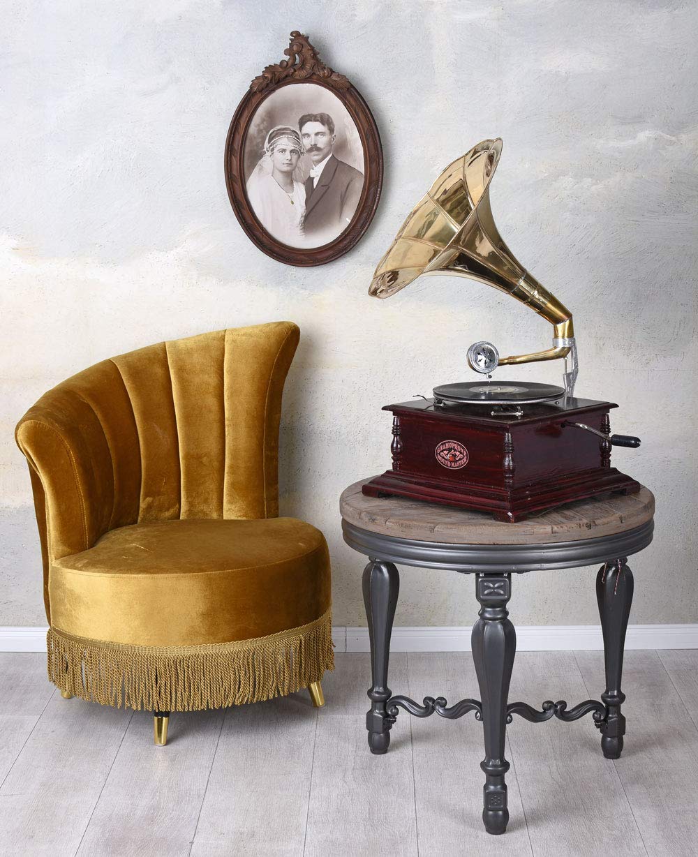 Trichter Grammophon „His Masters Voice“ – Vintage Musikgerät im Stil der 20er aus Holz & Messing, voll funktionsfähig mit Handkurbel, inkl. Schellackplatte & Ersatznadeln,Deko & Abspielgerät