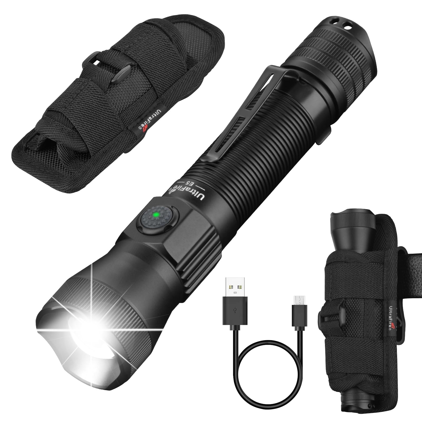 ULTRAFIRE Tactical Flashlight with Holster, 1350 High Lumens Law Enforcement & Police Flashlight, Rechargeable Bright Zoomable LED Flash Light with Duty Belt Holster E5-image-48