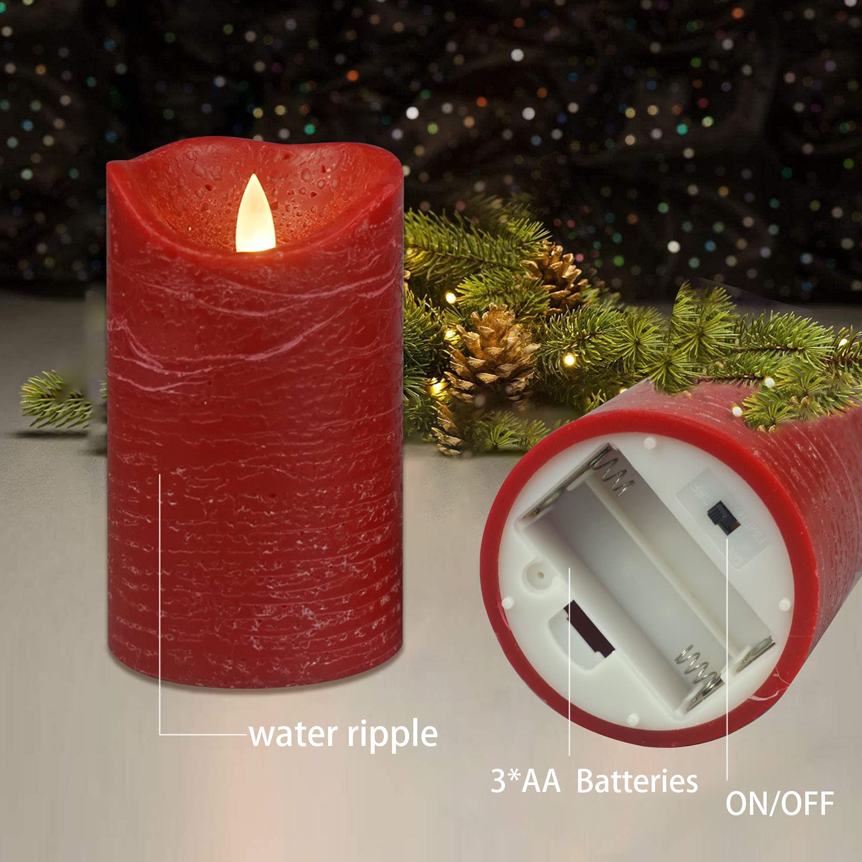 CANDLE CHOICE Battery Operated Flameless Candles With Remote Timer Real Wax Realistic Flickering Electric Led Pillar Lights For Home Wedding Party Christmas Decorations 3 Pack Rustic Texture Burgundy