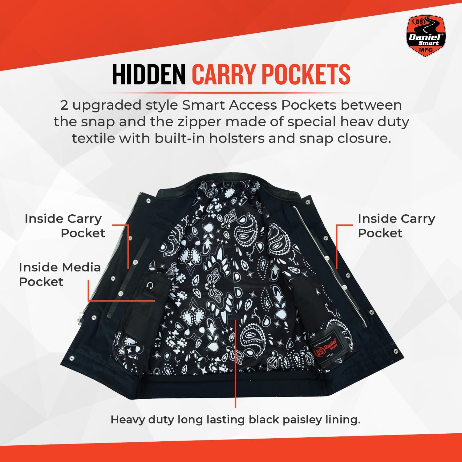 Daniel Smart Mens Leather Motorcycle Vest - Black Biker Vest for Men with White Stitching Design & Multiple Carry Pockets