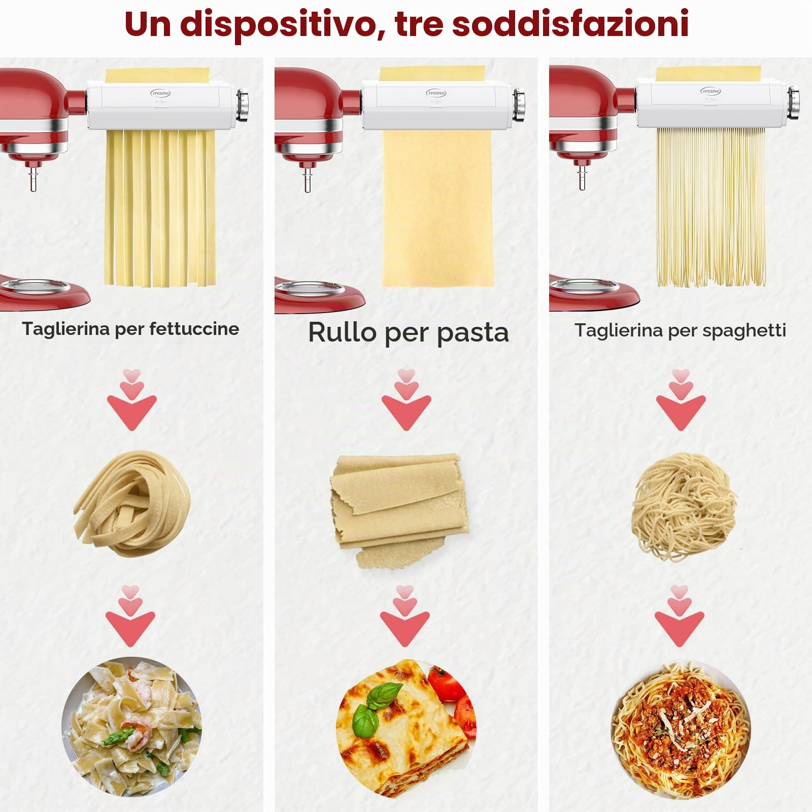 TPGSING Set 3 in 1 per robot da cucina KitchenAid, macchina per la pasta per KitchenAid, accessori per la pasta maker, set con rullo per pasta spaghetti, taglierina fettuccine