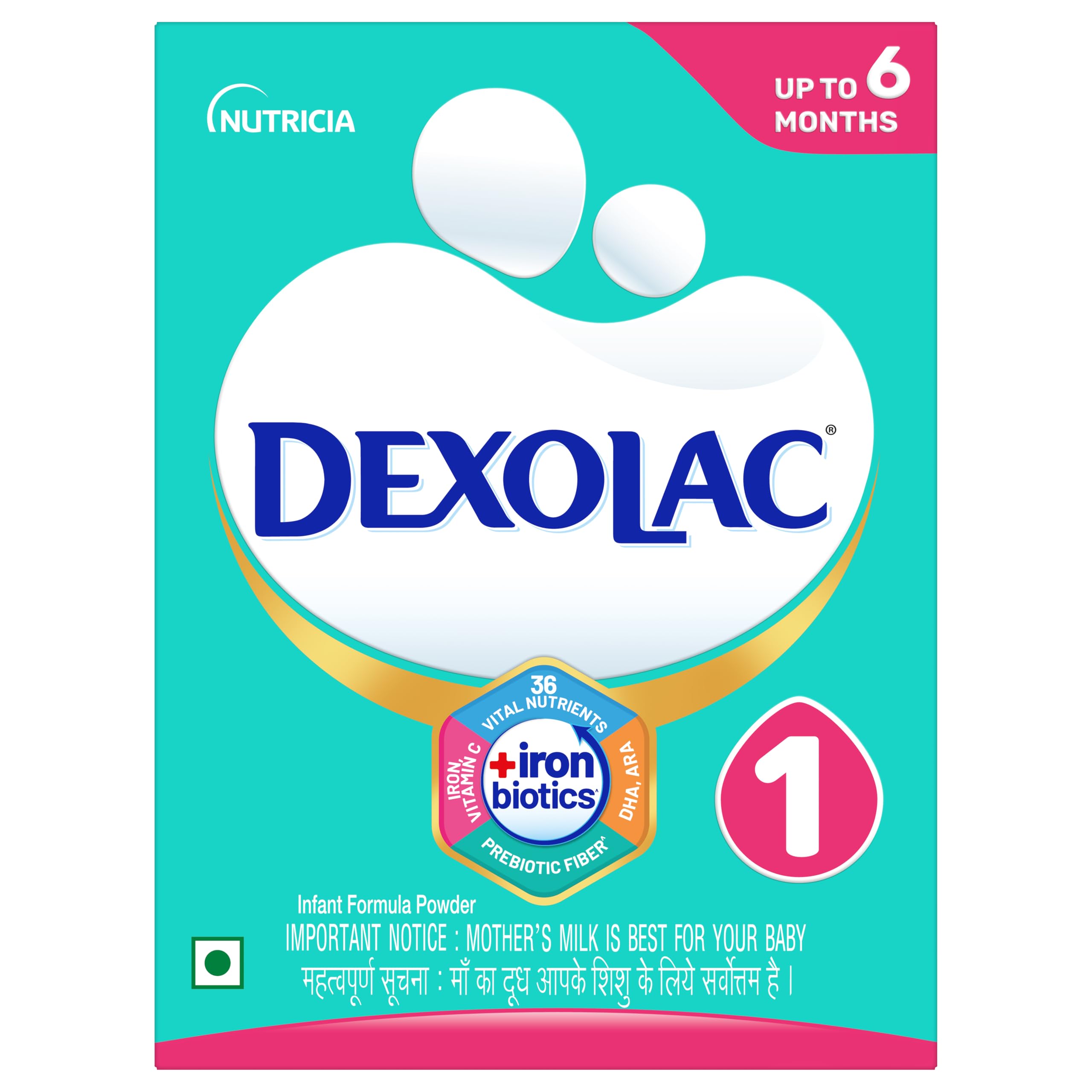 Dexolac Infant Formula Milk Powder for Babies - Stage 1 (Upto 6 months) - with FOS and 36 Vital Nutrients - 400g - BIB Pack