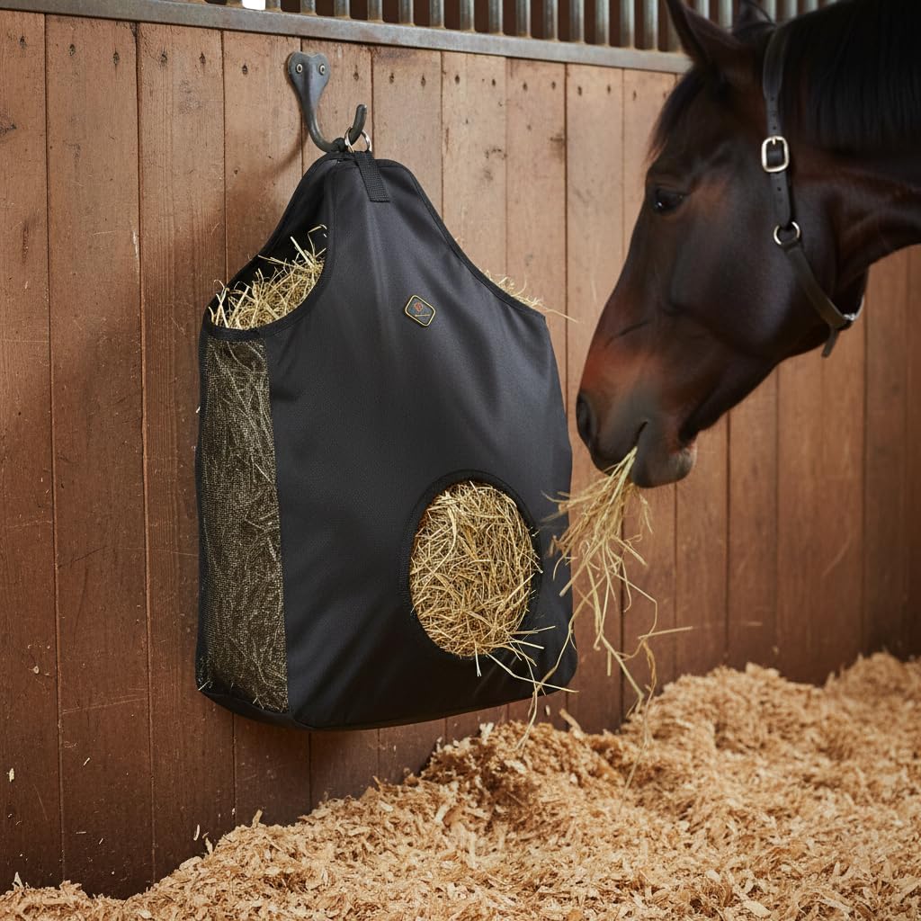 Kavallerie Horse Hay Bag, Oversized 19x12x20” Hay Bag with Mesh Sides, Easy-Fill Snap Closure & Round Feed Hole, Ideal for Stables, Trail Rides & Transport​